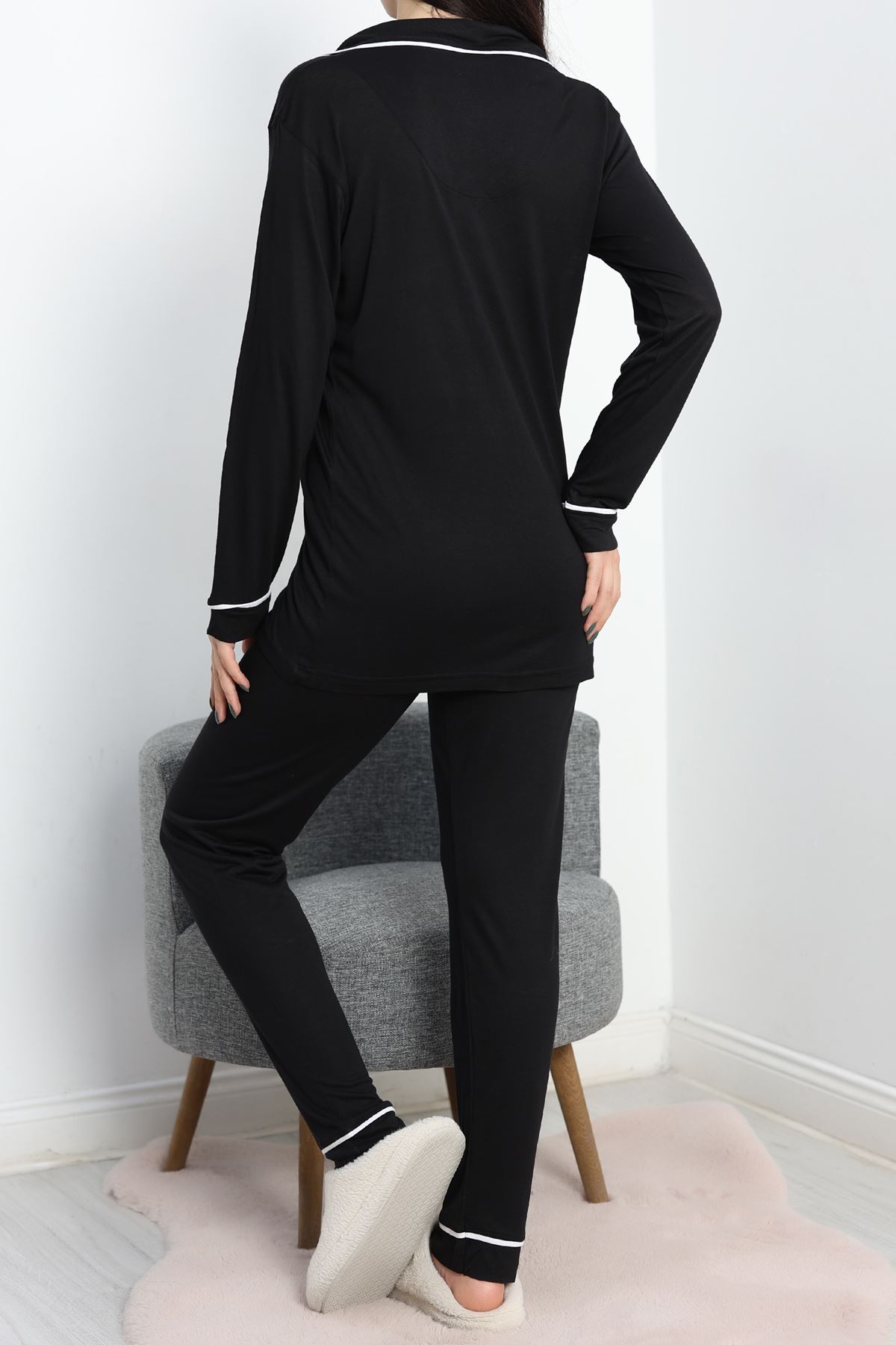 Biyeli Düğmeli Pijama Takımı Siyah - 50133.1950.