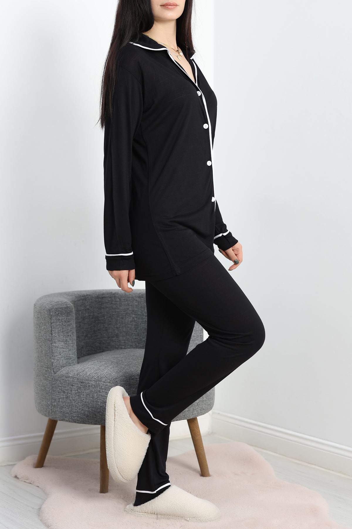 Biyeli Düğmeli Pijama Takımı Siyah - 50133.1950.