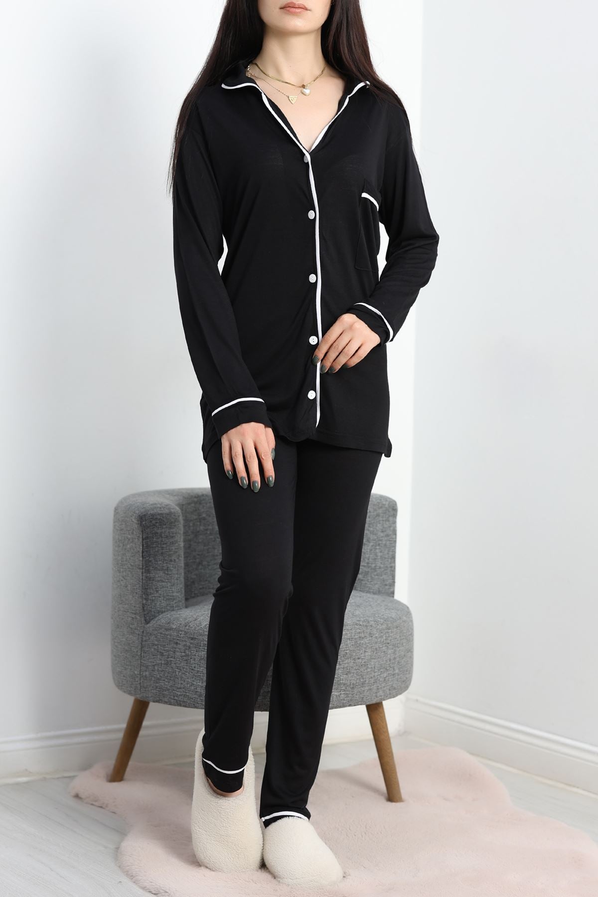 Biyeli Düğmeli Pijama Takımı Siyah - 50133.1950.