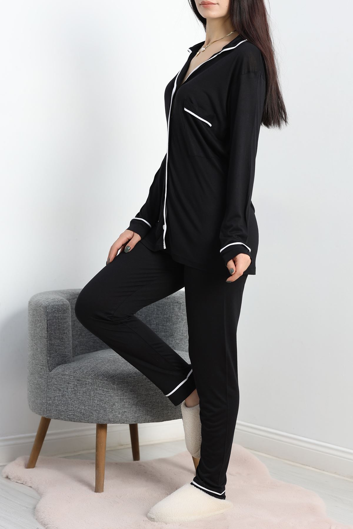 Biyeli Düğmeli Pijama Takımı Siyah - 50133.1950.