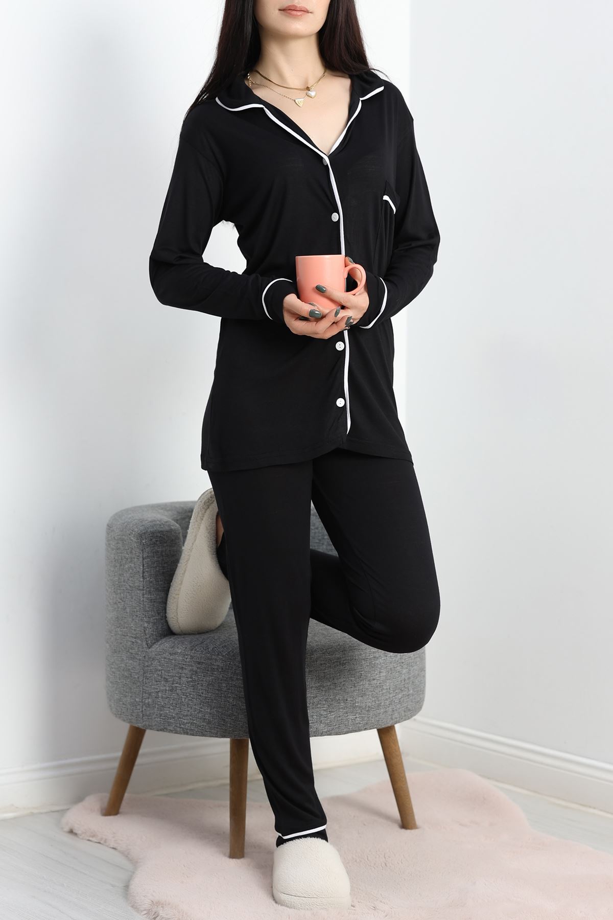 Biyeli Düğmeli Pijama Takımı Siyah - 50133.1950.