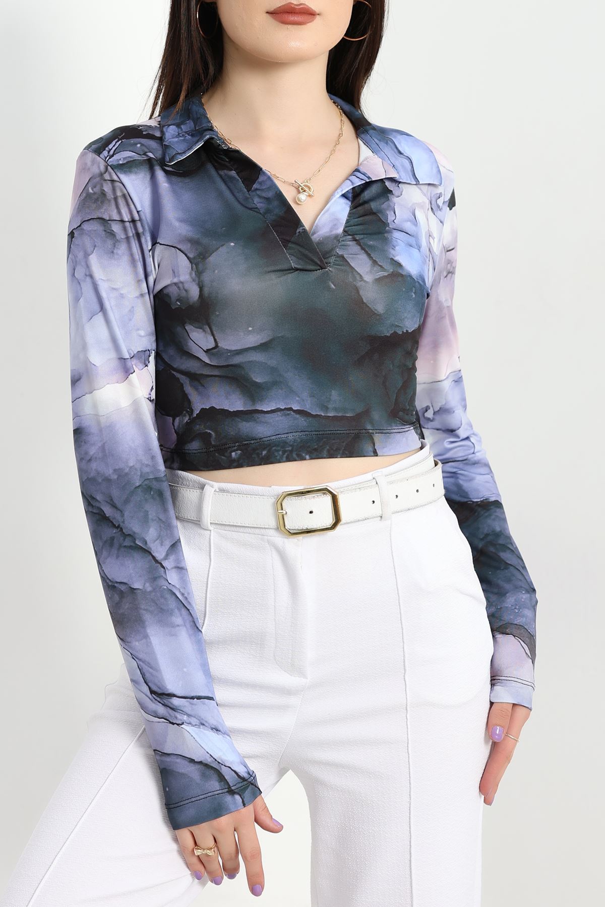 Alaca Desen Crop Bluz Lilasiyah - 1407.2031.