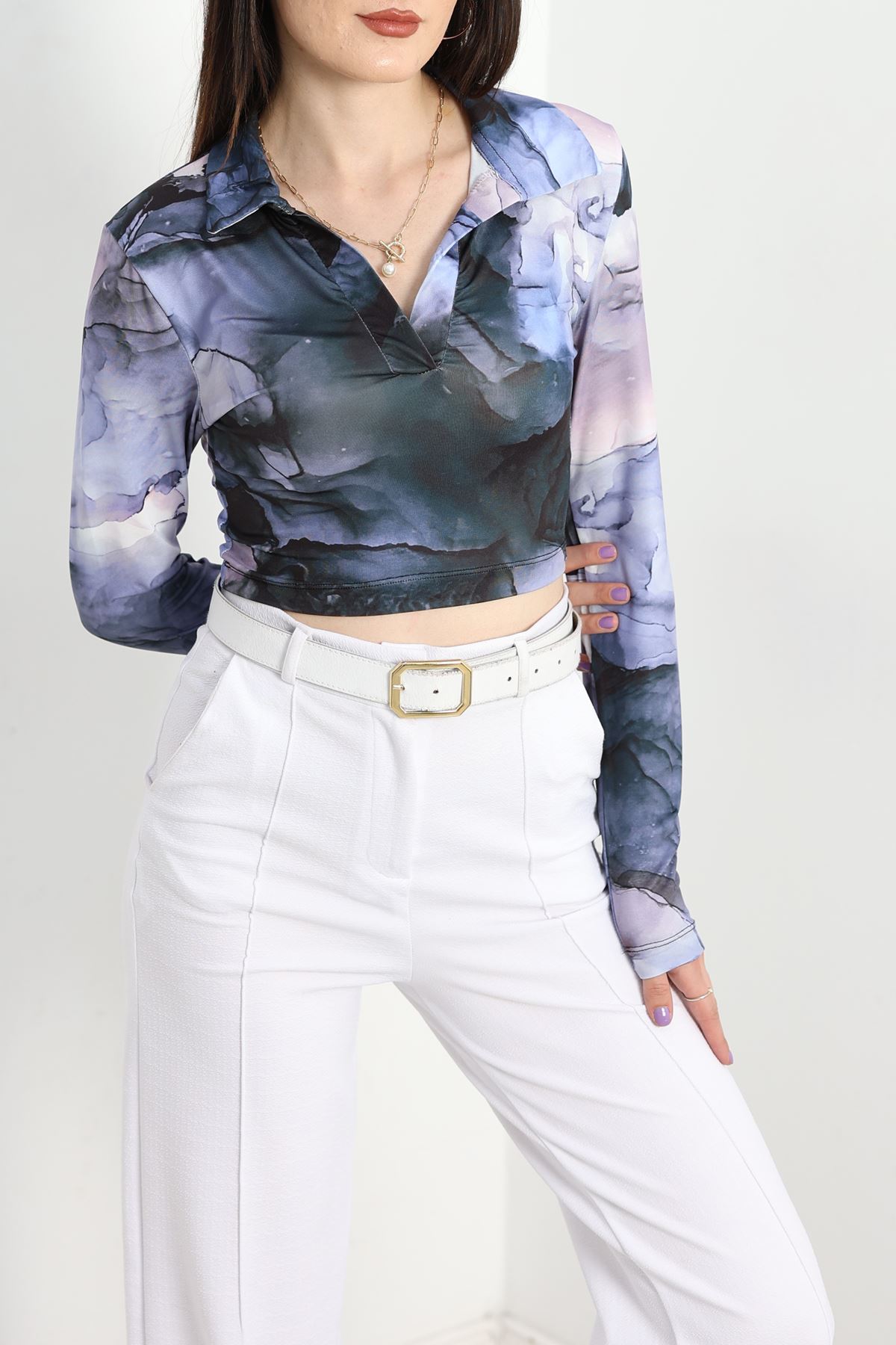 Alaca Desen Crop Bluz Lilasiyah - 1407.2031.