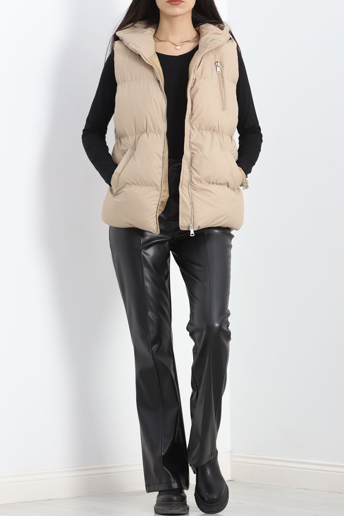 Kapşonlu Şişme Yelek Bej - 19190.1839.