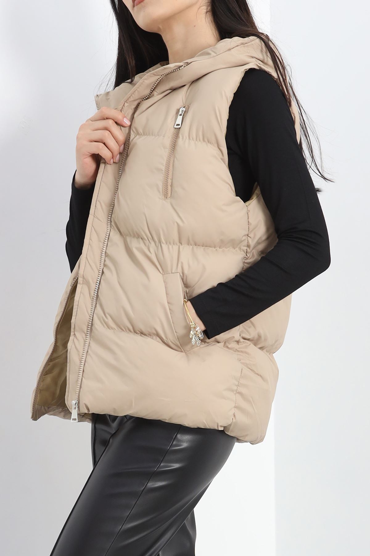 Kapşonlu Şişme Yelek Bej - 19190.1839.