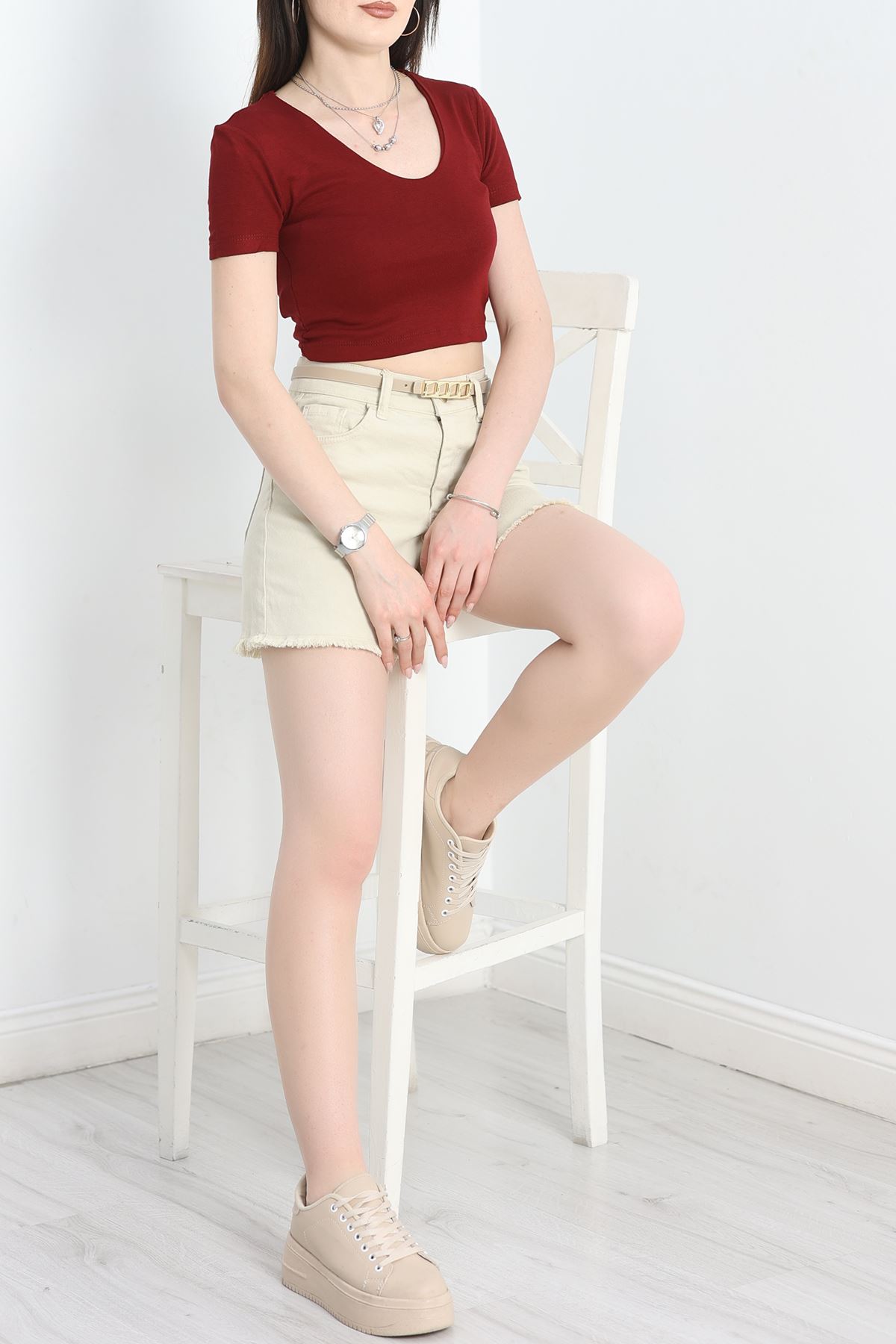 V Yaka Crop Bluz Bordo - 40785.1723.