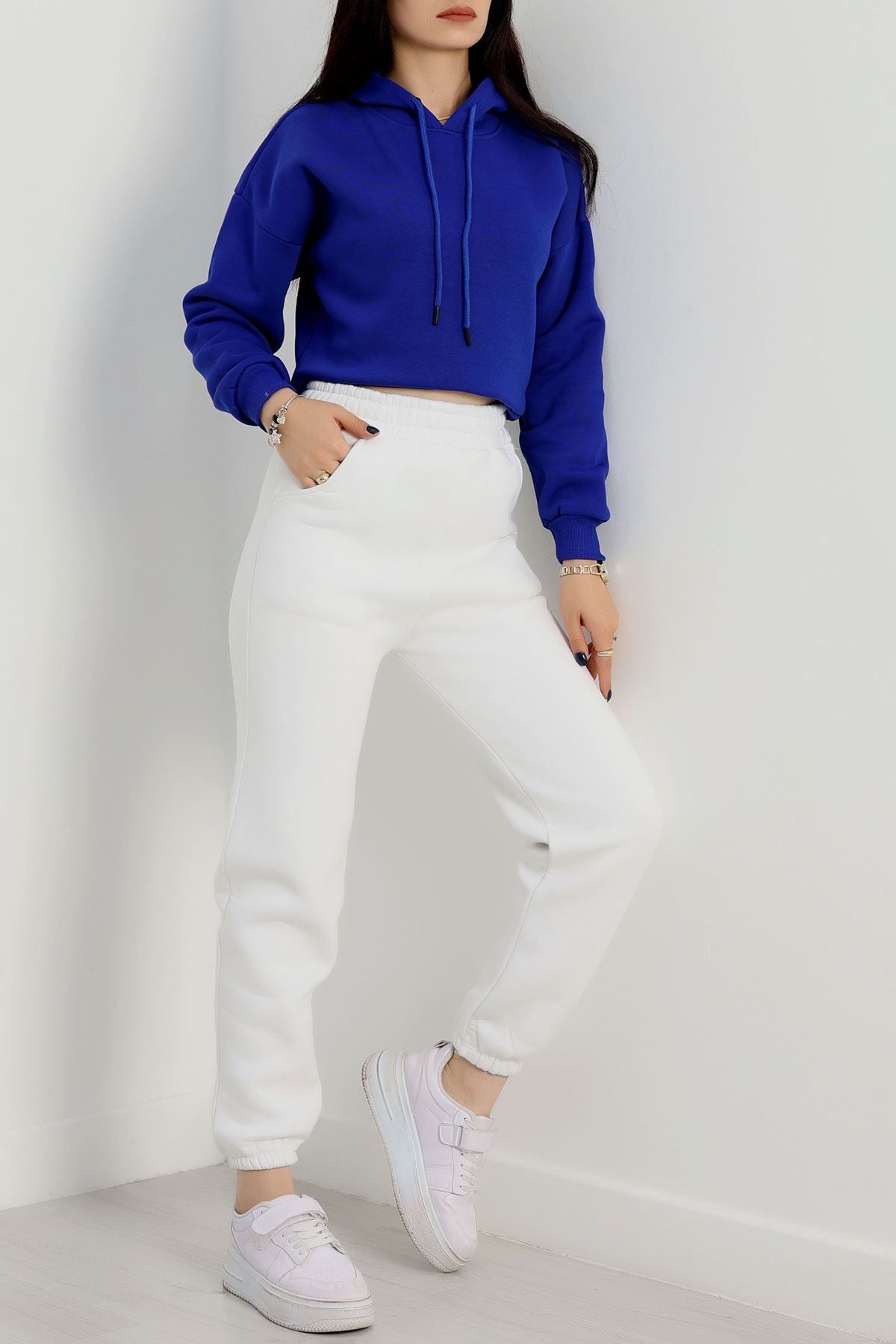 3 İplik Kapşonlu Crop Sweat Saks - 20959.1878.