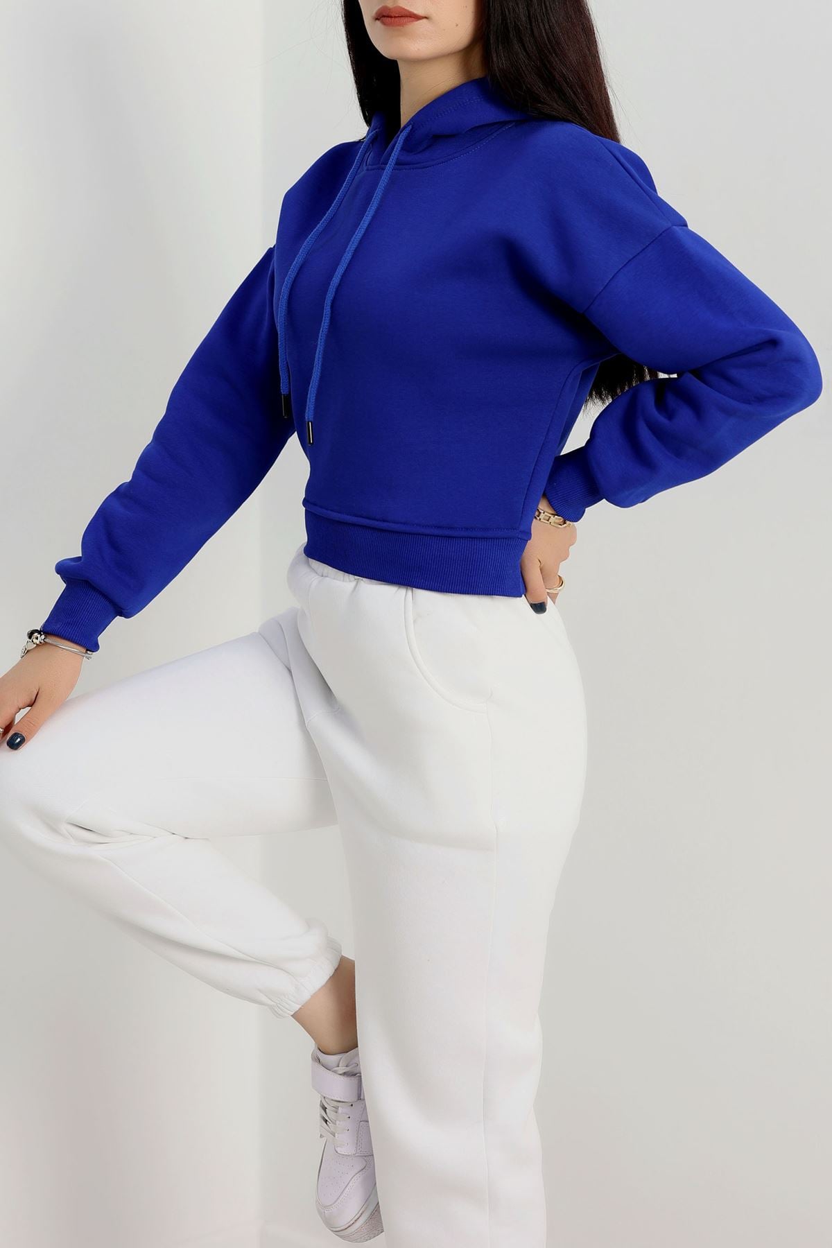 3 İplik Kapşonlu Crop Sweat Saks - 20959.1878.
