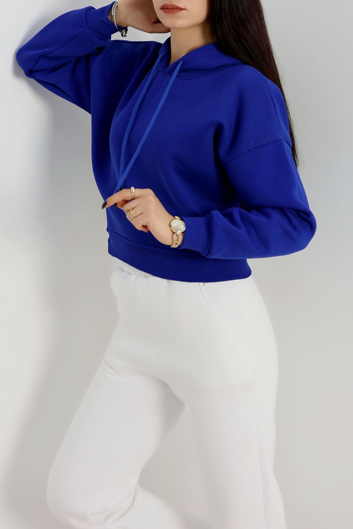 3 İplik Kapşonlu Crop Sweat Saks - 20959.1878.