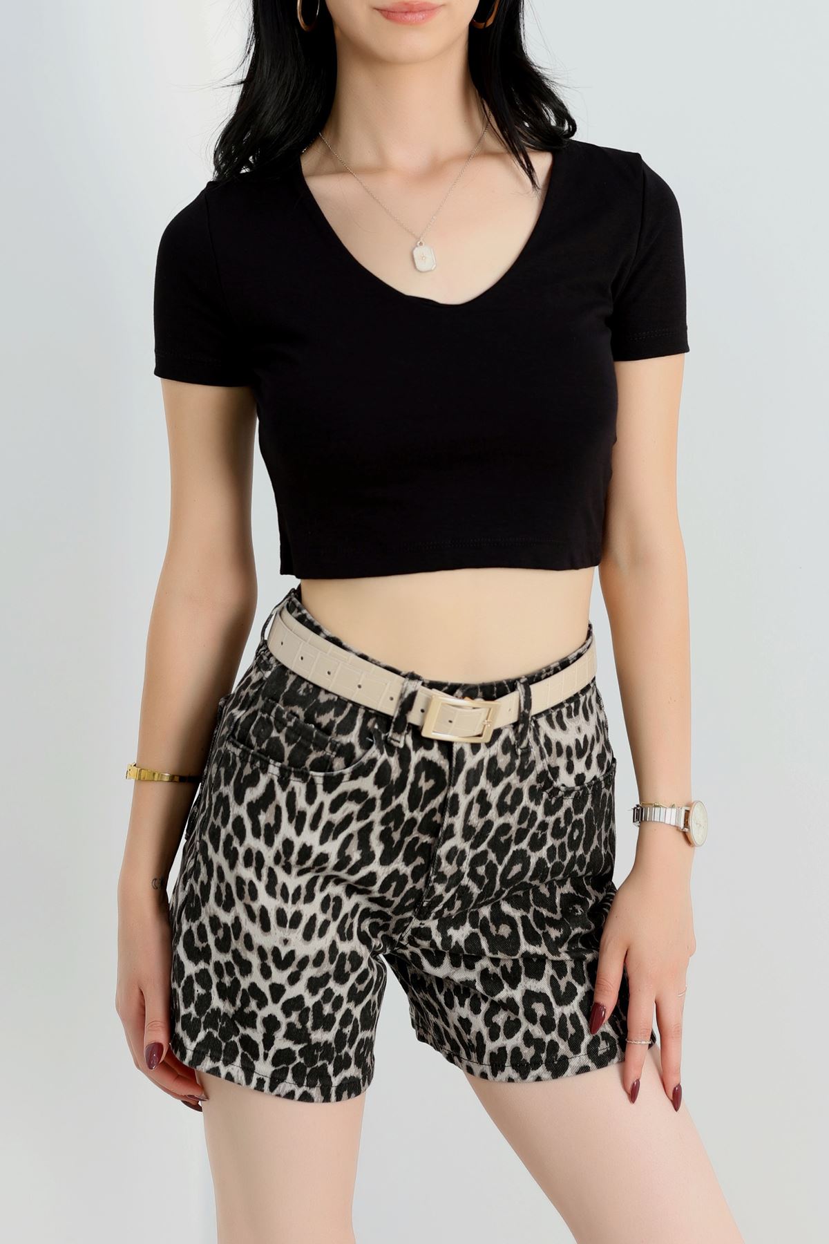 V Yaka Crop Bluz Siyah - 40785.1723.