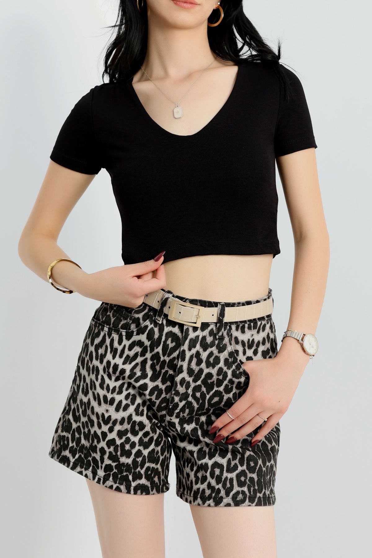 V Yaka Crop Bluz Siyah - 40785.1723.