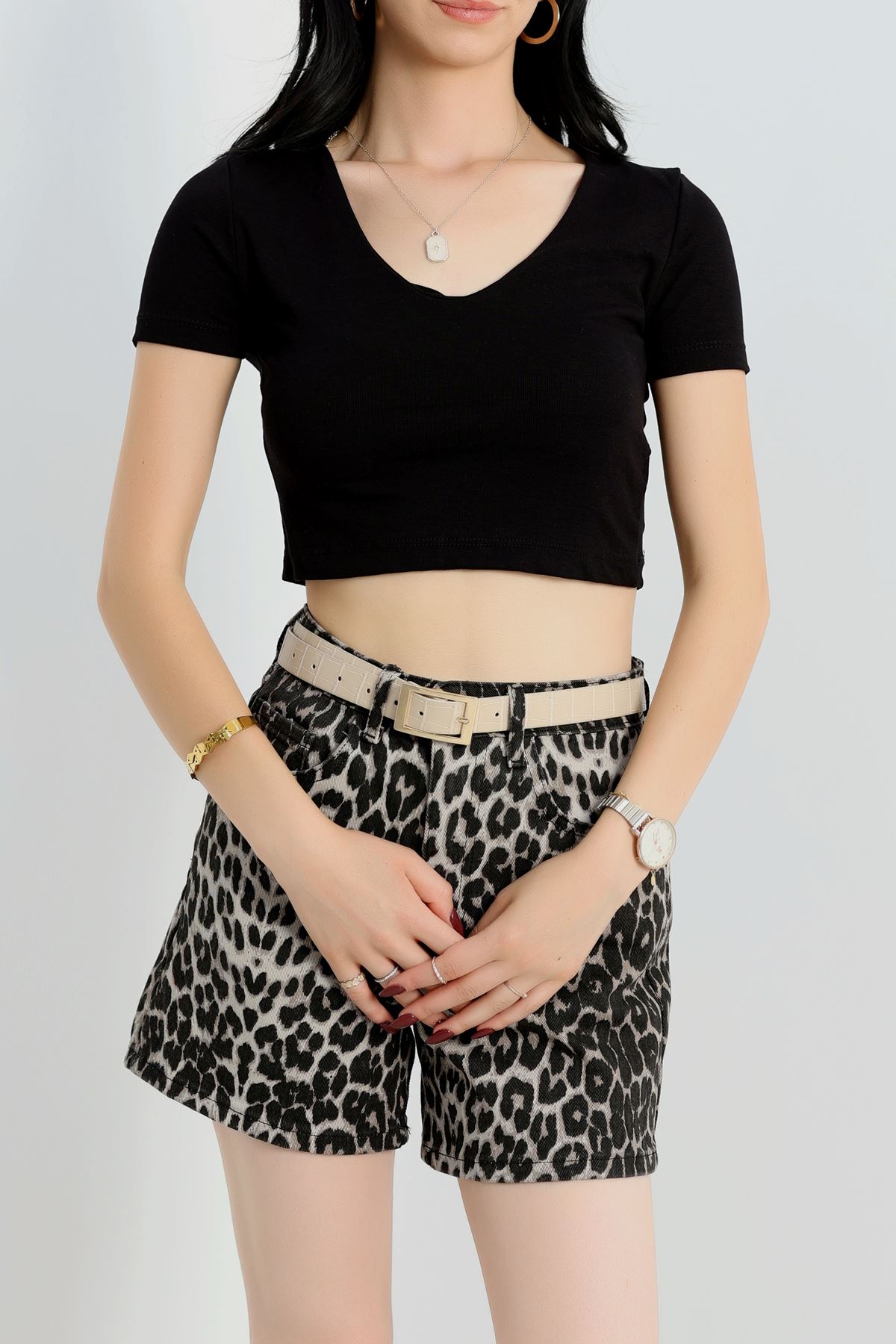 V Yaka Crop Bluz Siyah - 40785.1723.