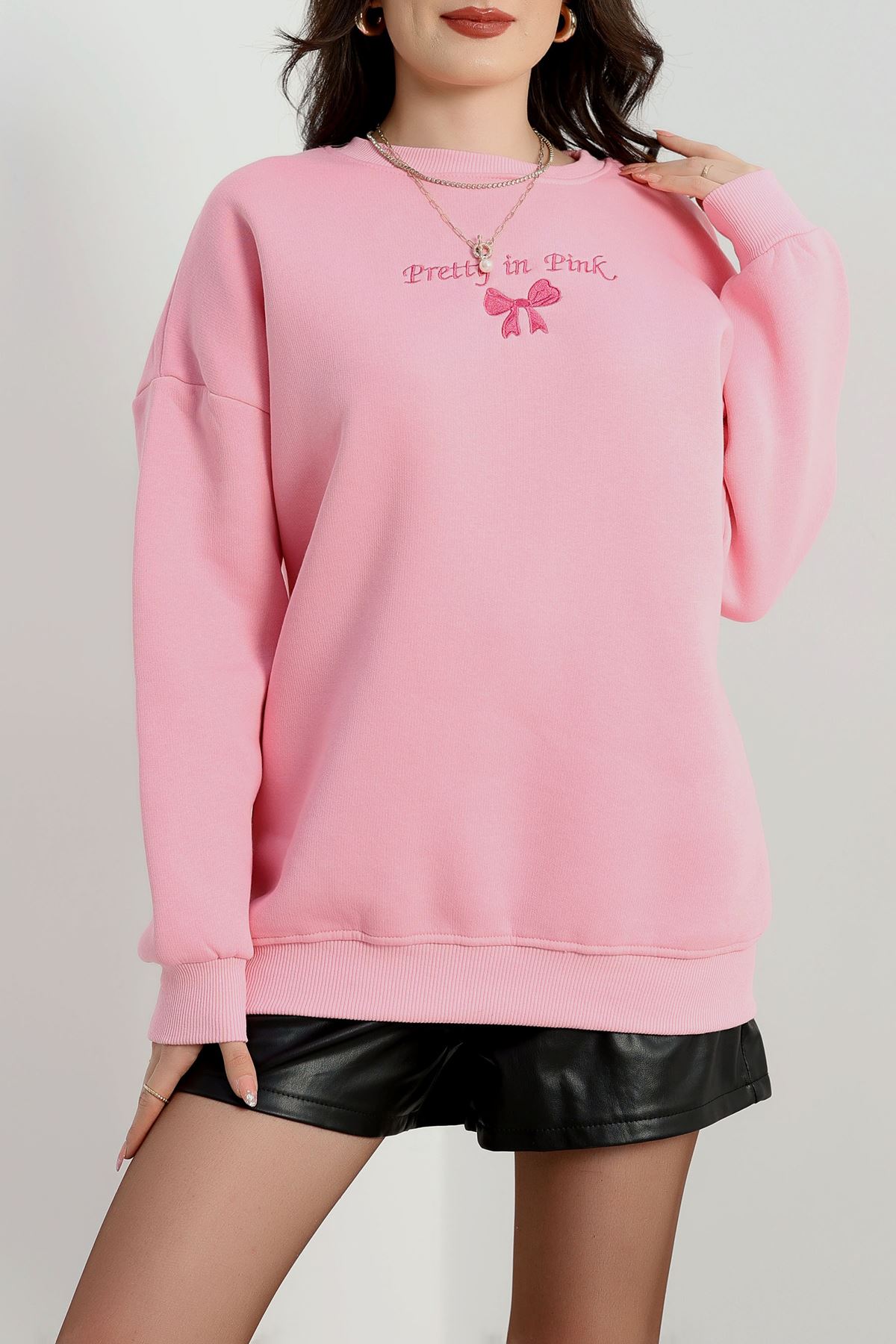 3 İplik Bisiklet Yaka Sweat Pembe - 42242.1878.