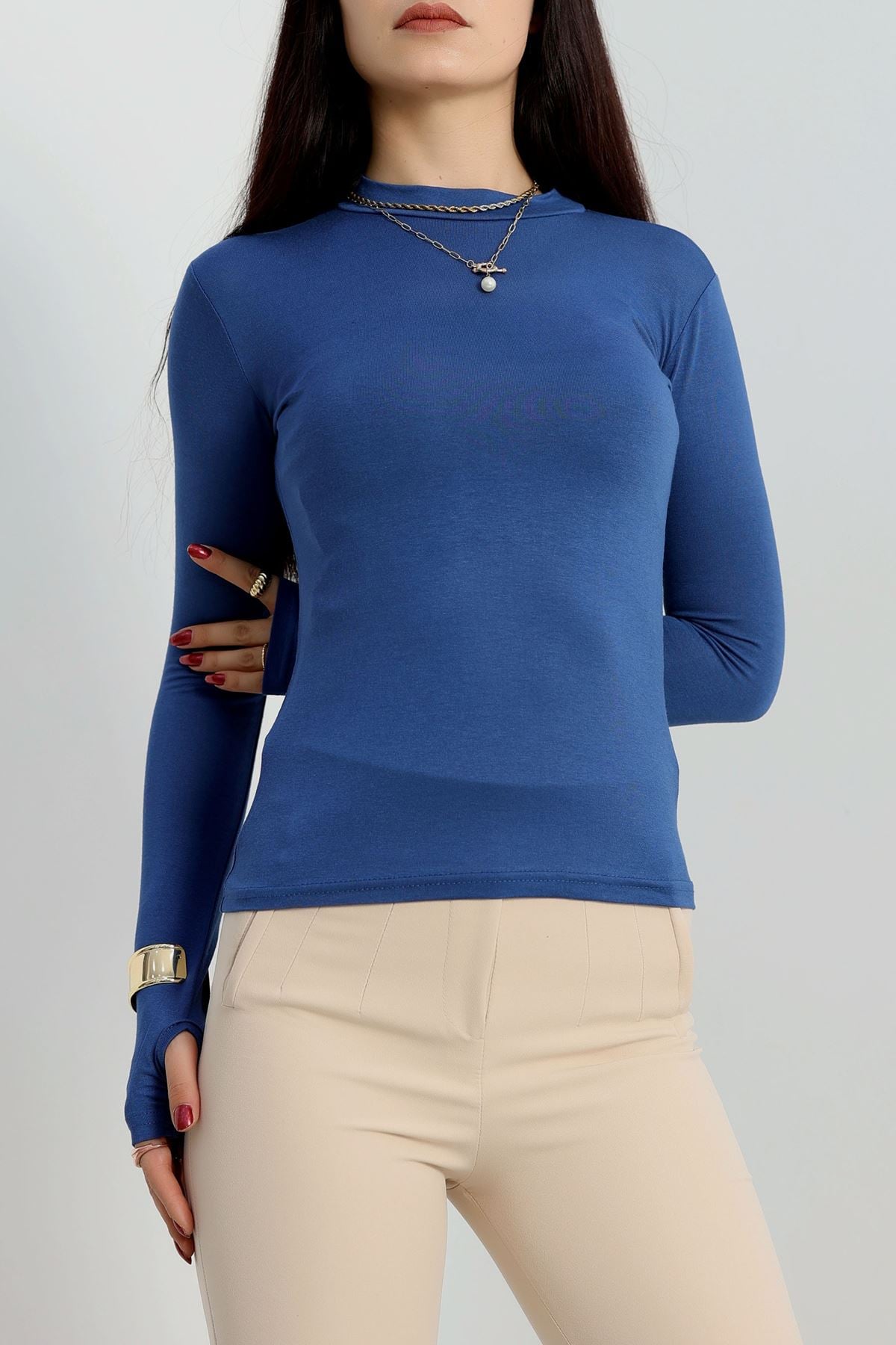 Dik Yaka Parmak Geçmeli Viskon Body İndigo - 40076.599.