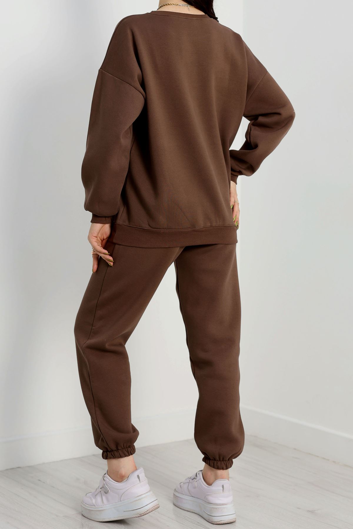 3 İplik Bisiklet Yaka Eşofman Takımı Kahve - 20779.1878.