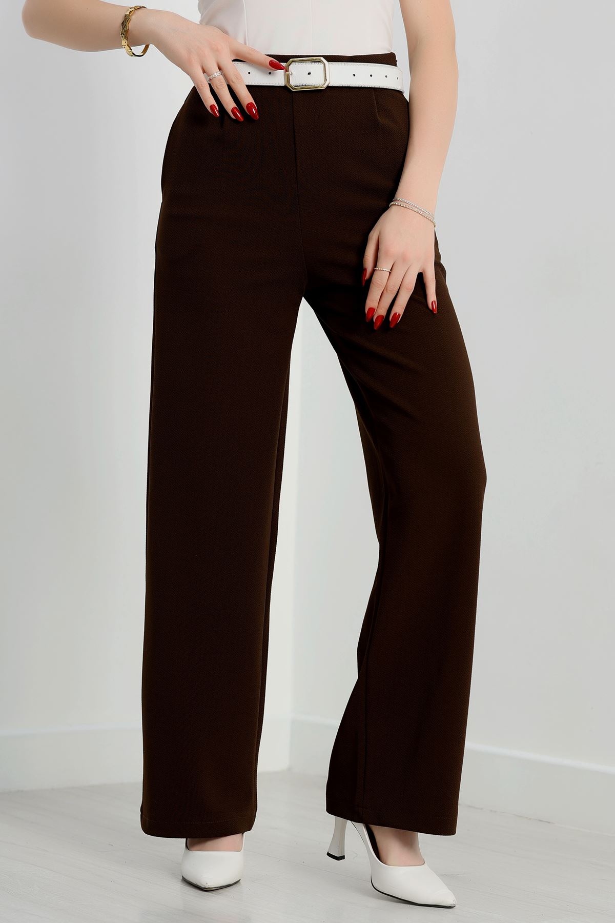 Yan Fermuarlı Pileli En Boy Likra Palazzo Pantolon Acıkahve - 2132.1865.