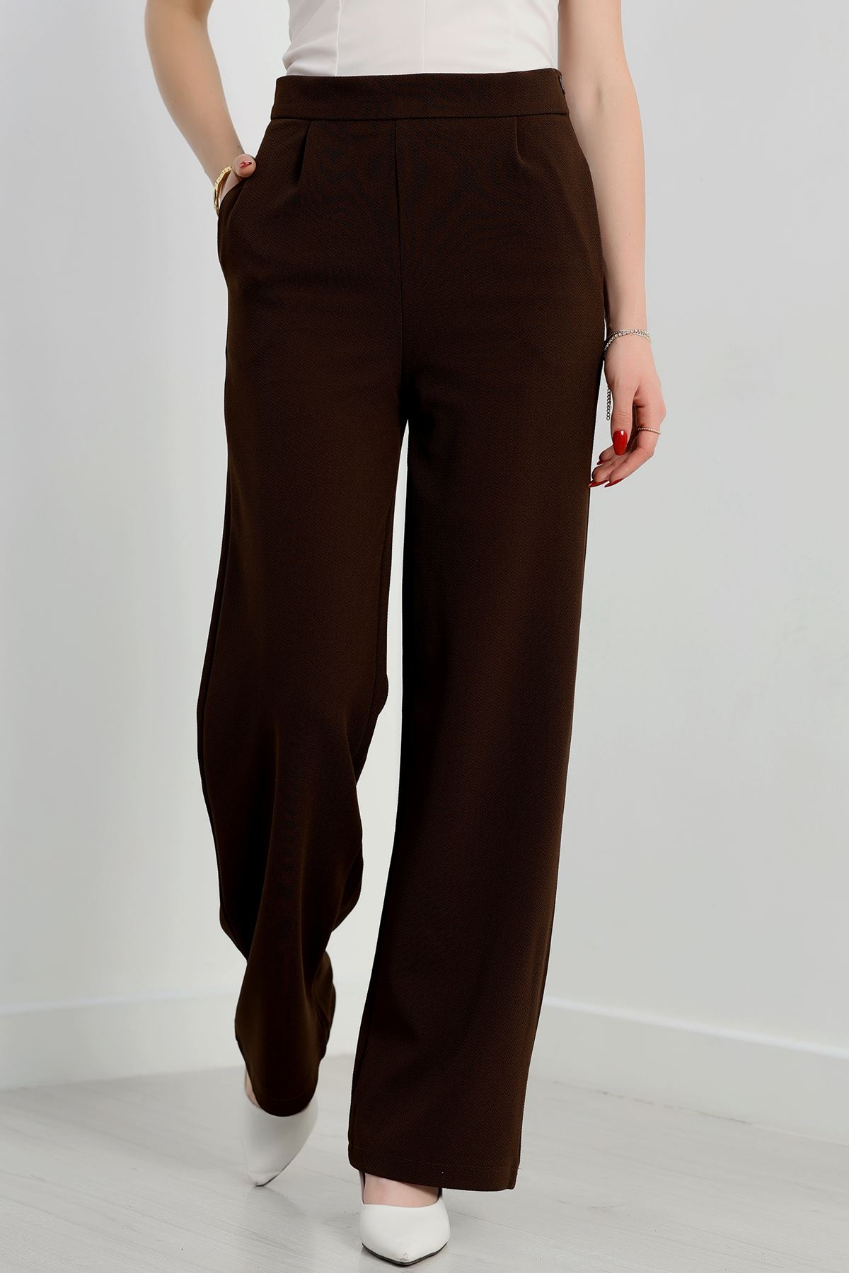 Yan Fermuarlı Pileli En Boy Likra Palazzo Pantolon Acıkahve - 2132.1865.