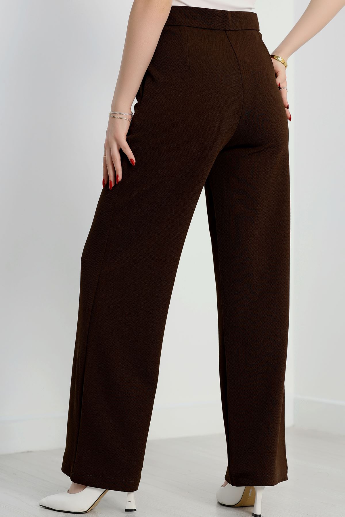 Yan Fermuarlı Pileli En Boy Likra Palazzo Pantolon Acıkahve - 2132.1865.