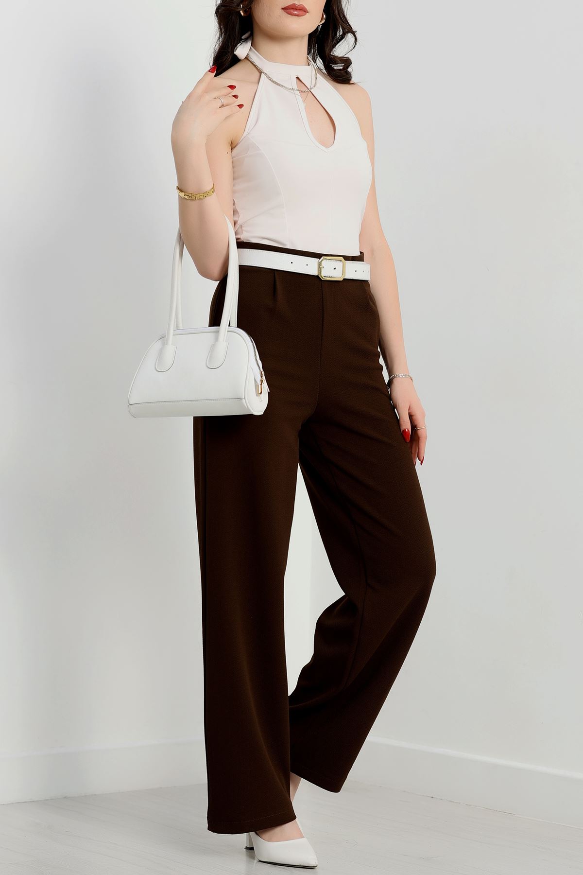 Yan Fermuarlı Pileli En Boy Likra Palazzo Pantolon Acıkahve - 2132.1865.