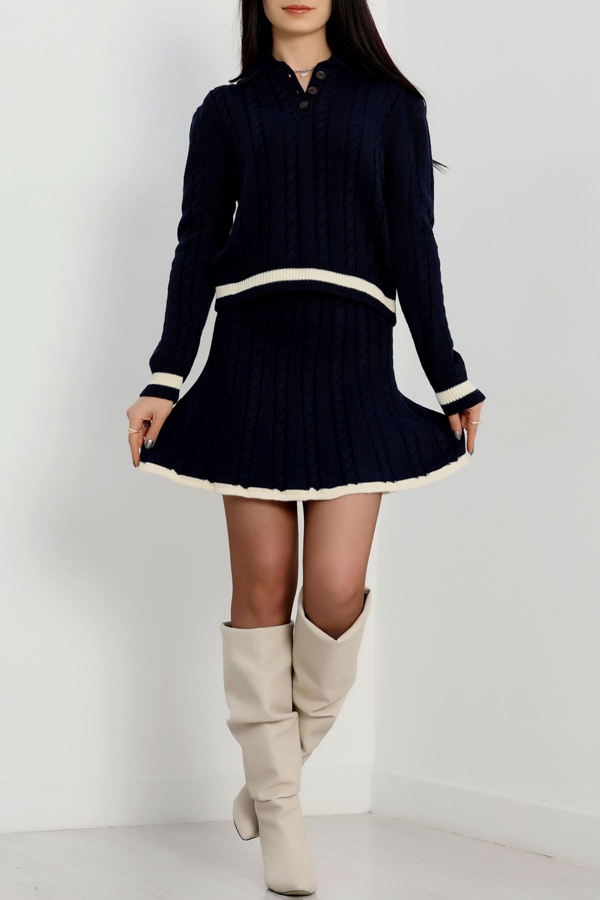 Polo Yaka Etekli Triko Takım Lacivert - 2300.1765.