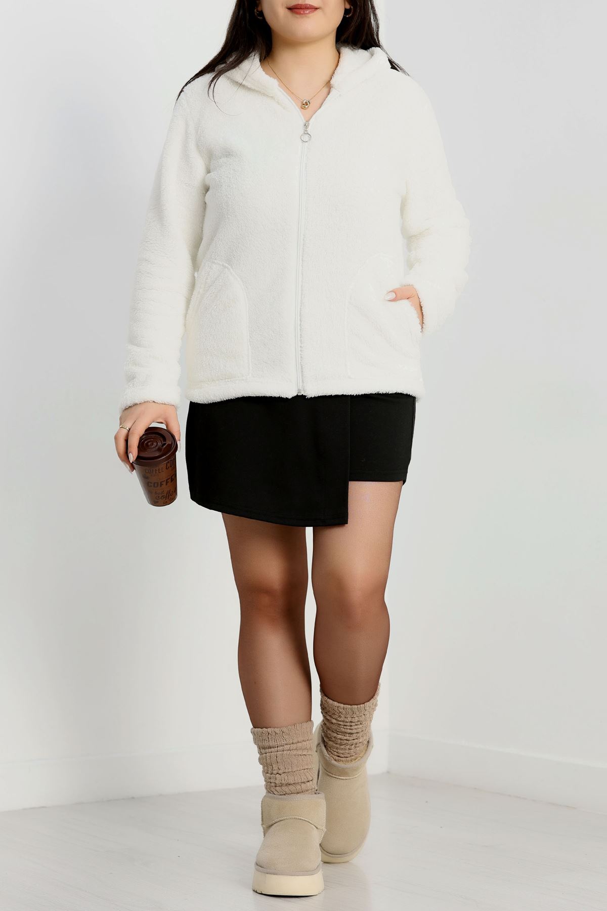 Welsoft Kumaş Kapşonlu Battal Ceket Beyaz - 70749.107.