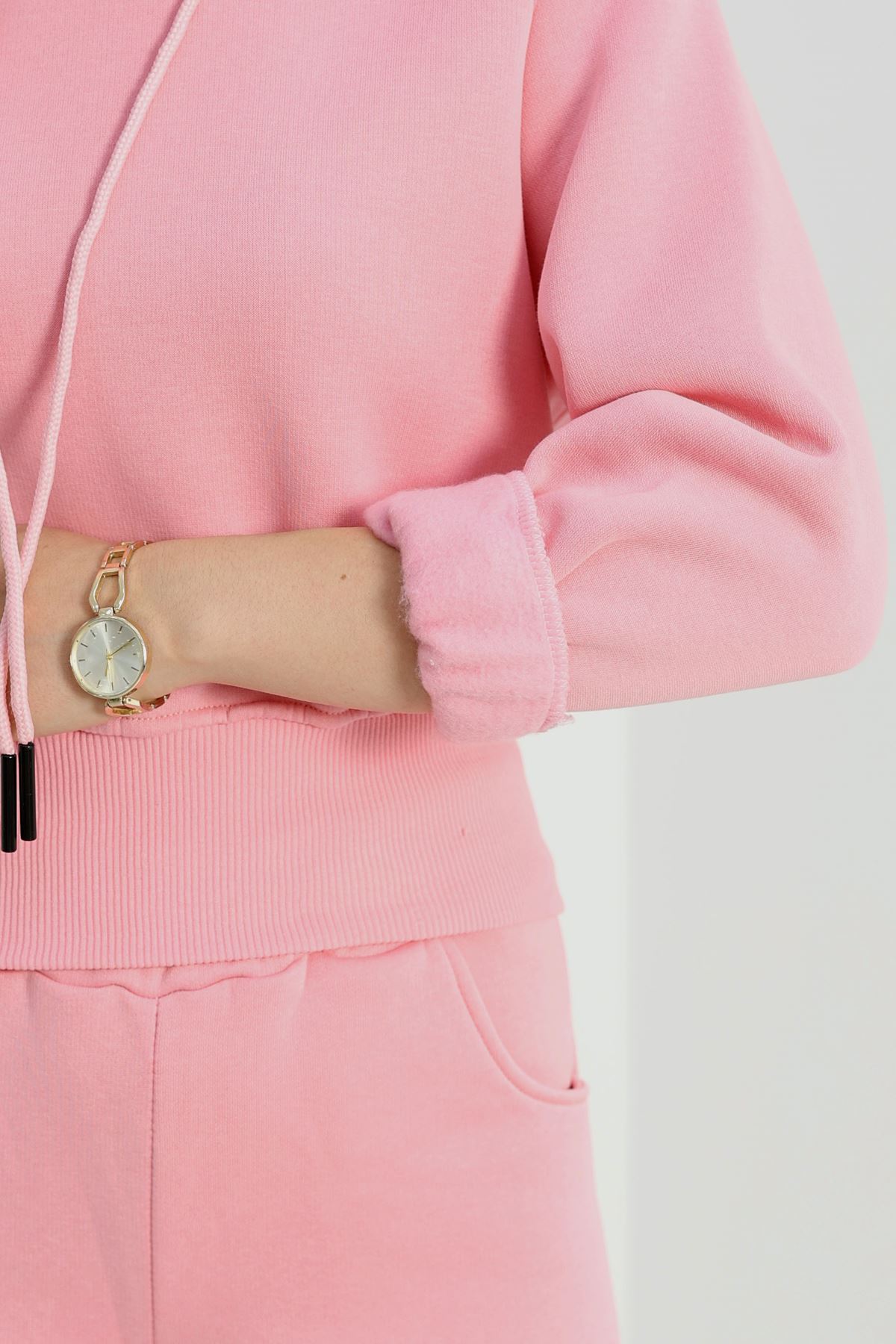 Üç İplik Crop Eşofman Takımı Pembe - 70778.1878.