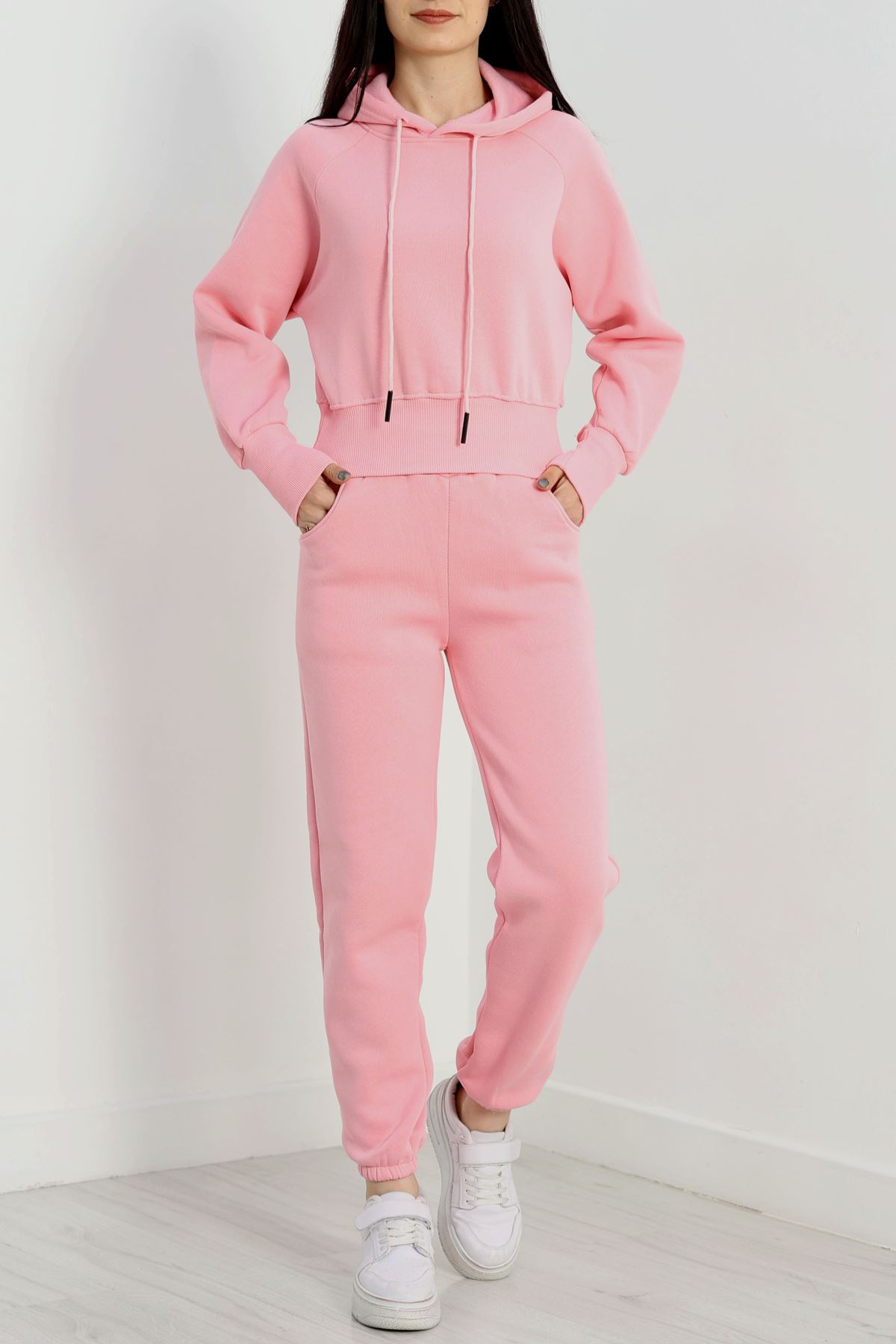 Üç İplik Crop Eşofman Takımı Pembe - 70778.1878.