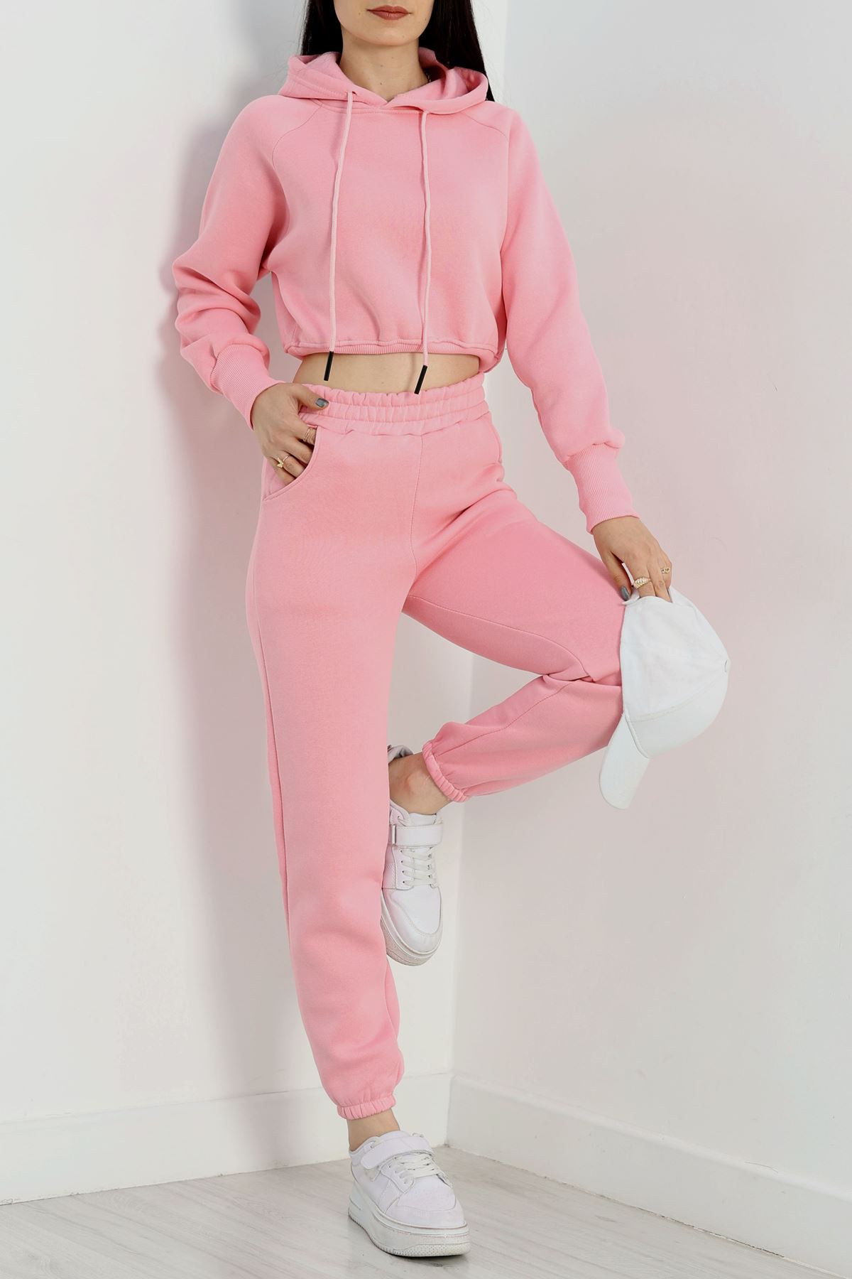 Üç İplik Crop Eşofman Takımı Pembe - 70778.1878.