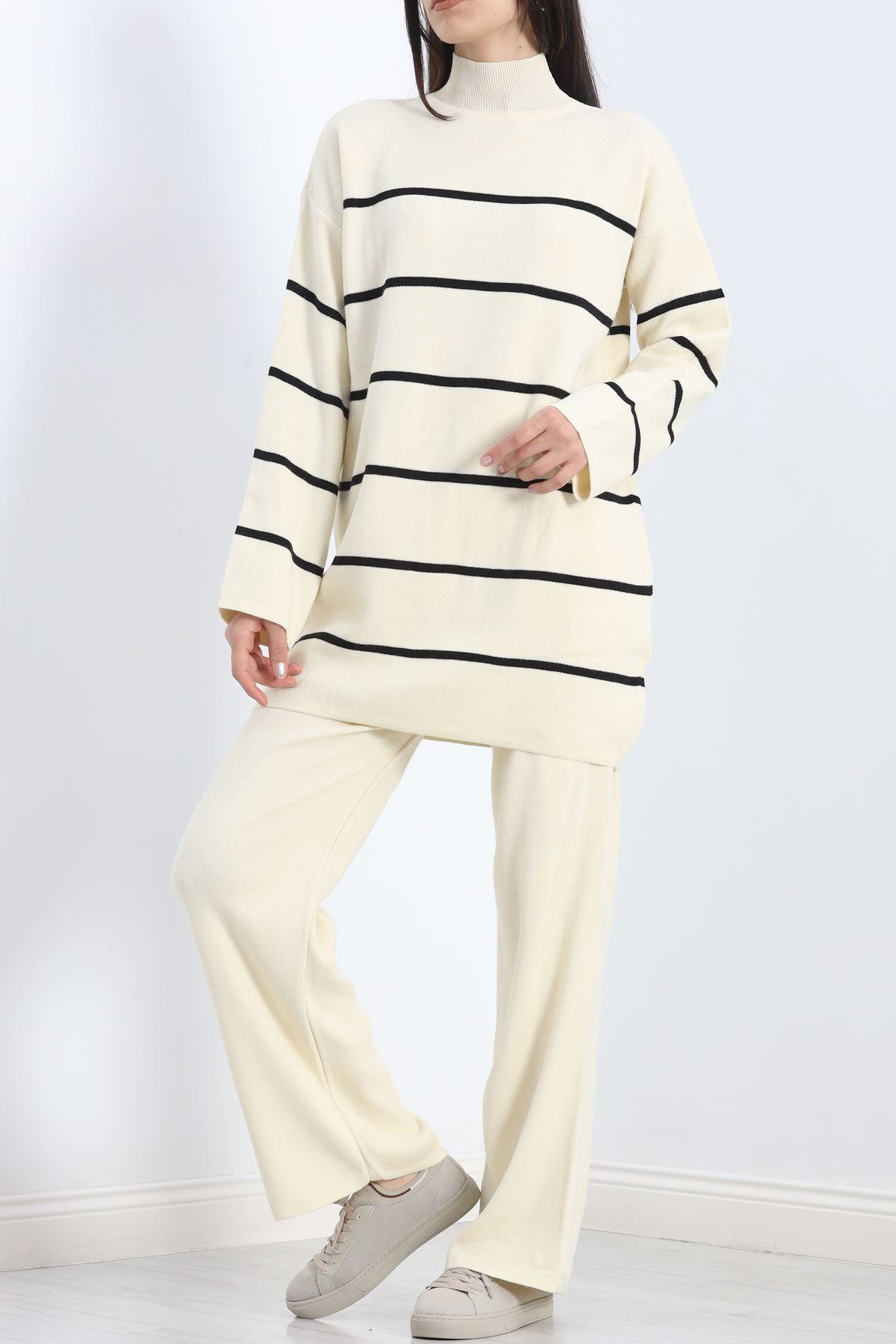 Çizgili Triko İkili Takım Latteçizgili - 16648.1612.