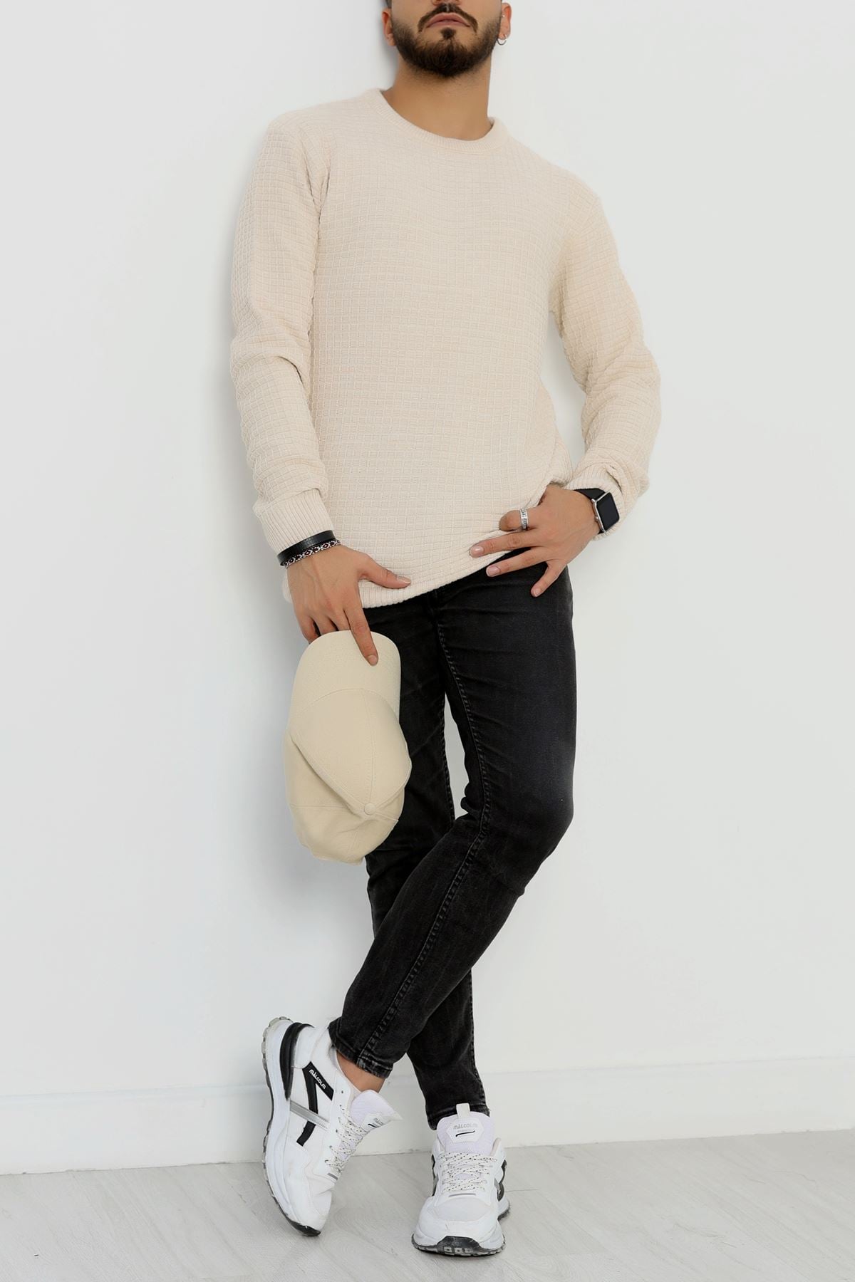 Bisiklet Yaka Desenli Erkek Triko Bej - 70776.1766.