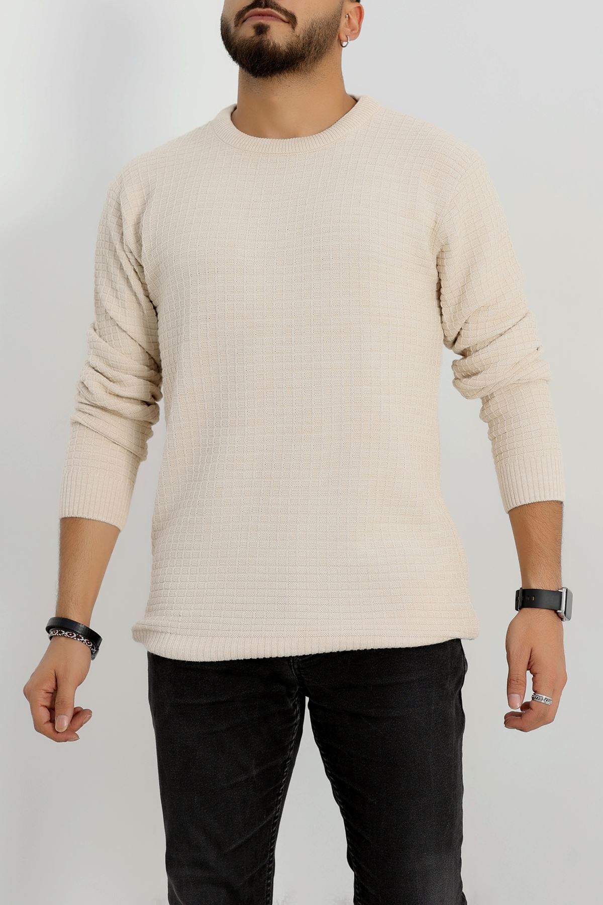 Bisiklet Yaka Desenli Erkek Triko Bej - 70776.1766.