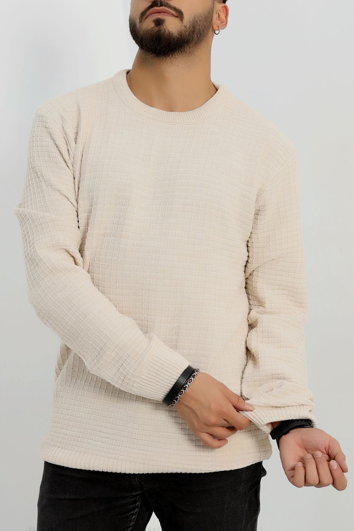 Bisiklet Yaka Desenli Erkek Triko Bej - 70776.1766.