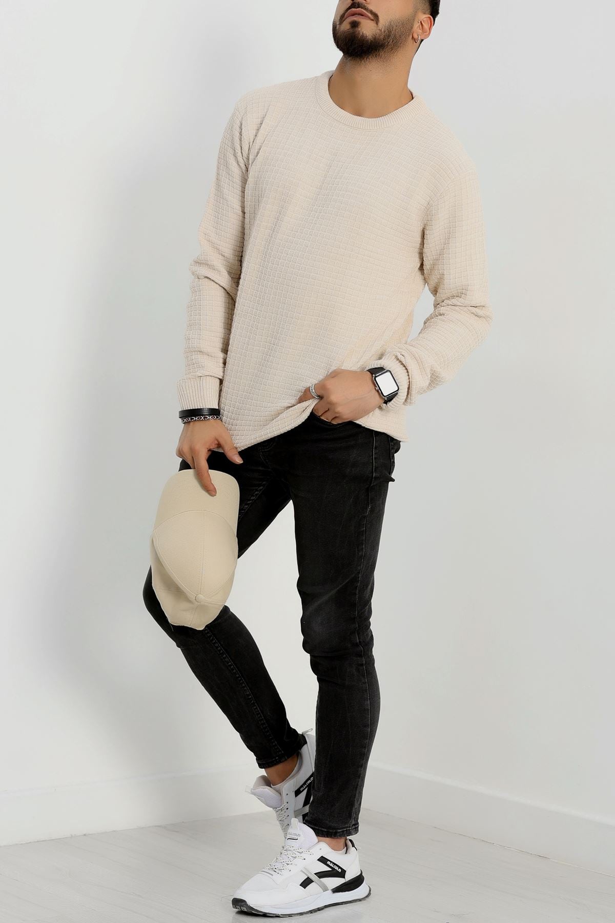 Bisiklet Yaka Desenli Erkek Triko Bej - 70776.1766.