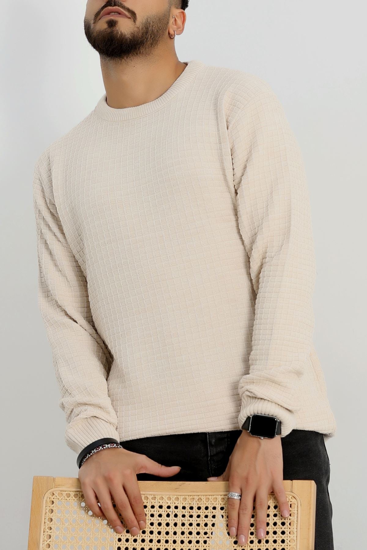 Bisiklet Yaka Desenli Erkek Triko Bej - 70776.1766.