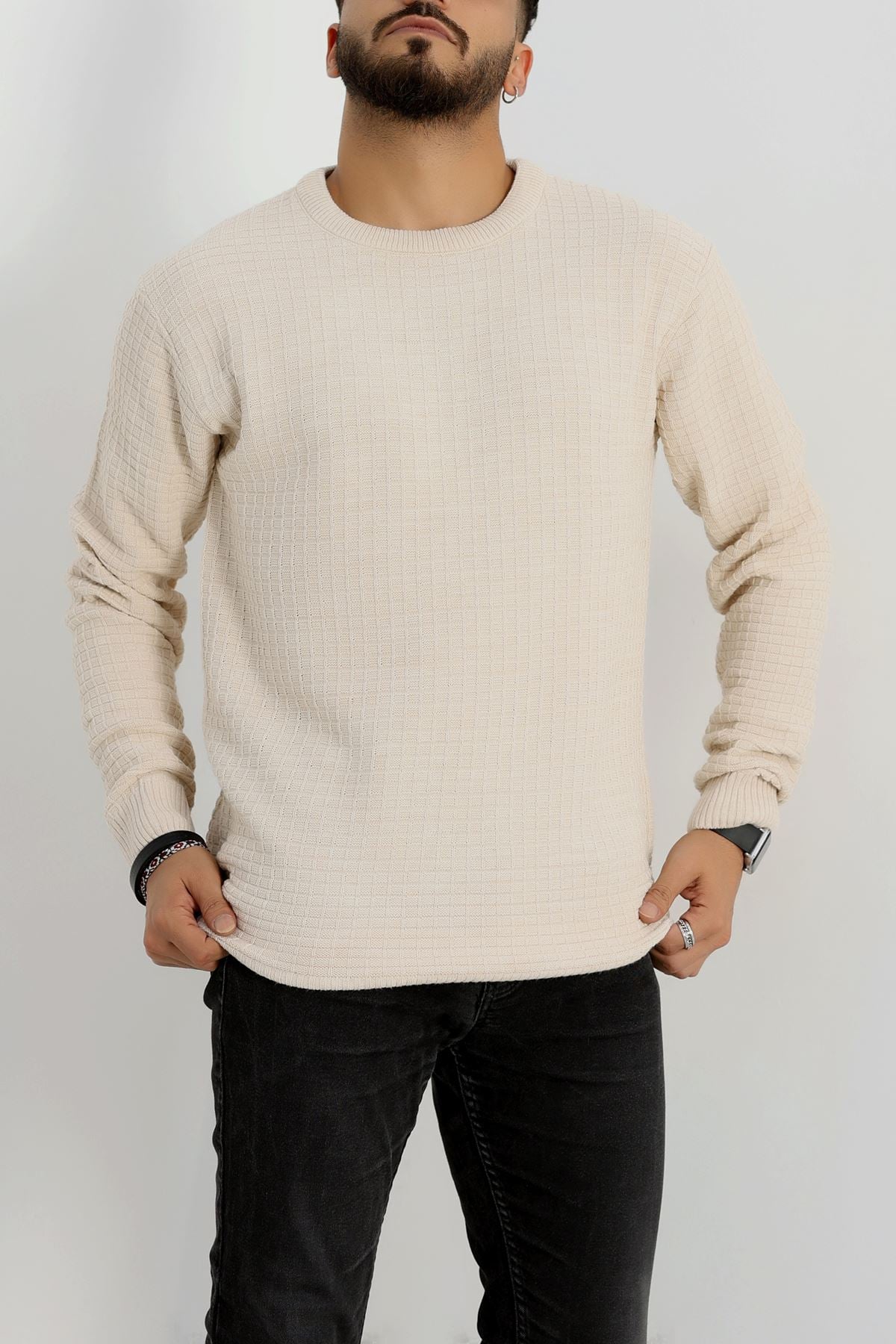 Bisiklet Yaka Desenli Erkek Triko Bej - 70776.1766.