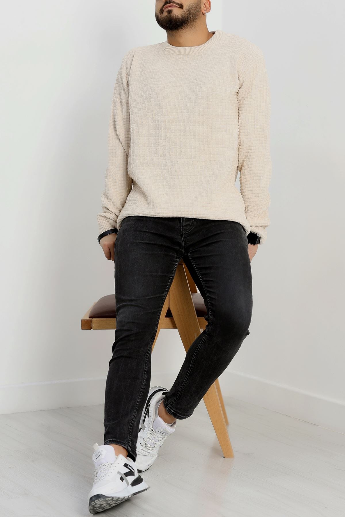 Bisiklet Yaka Desenli Erkek Triko Bej - 70776.1766.