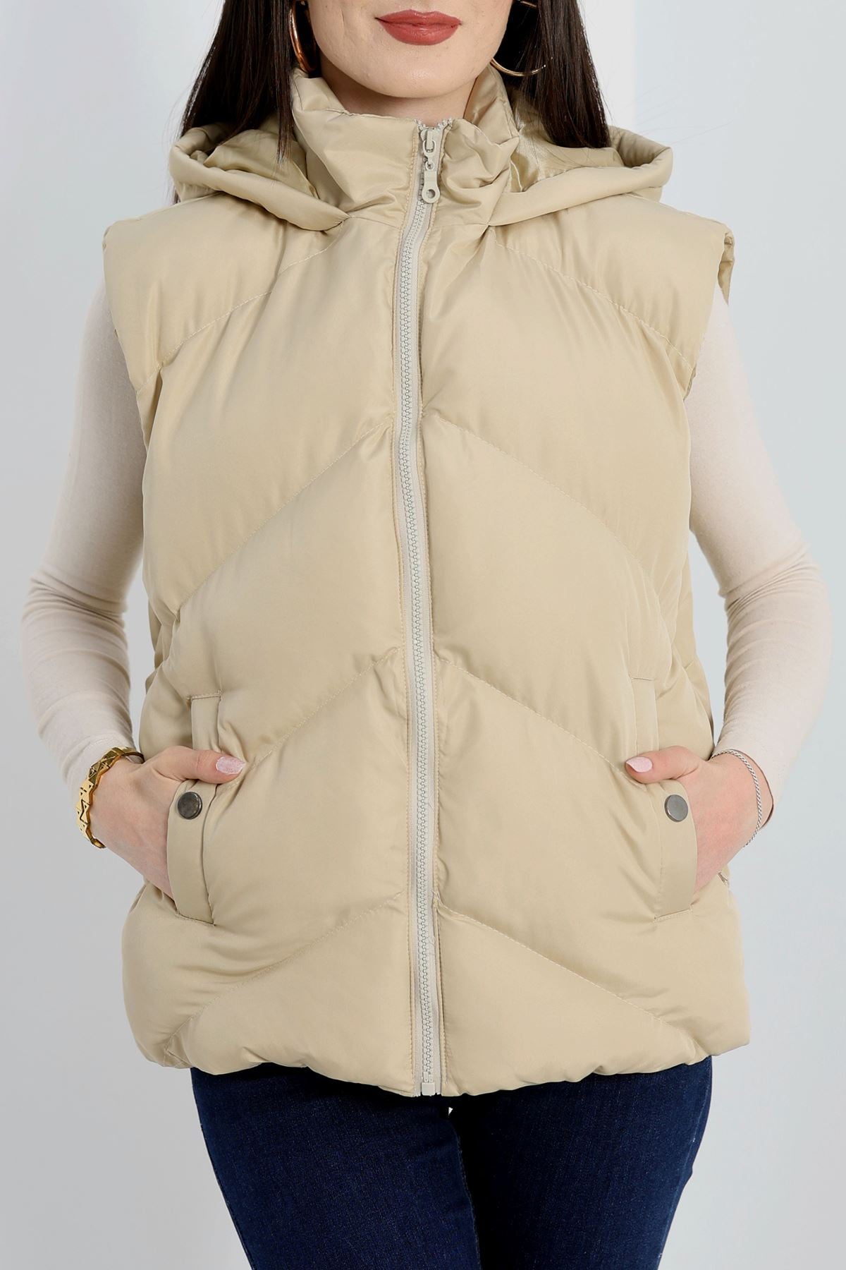 Kapşonlu Şişme Yelek Bej - 31379.308.