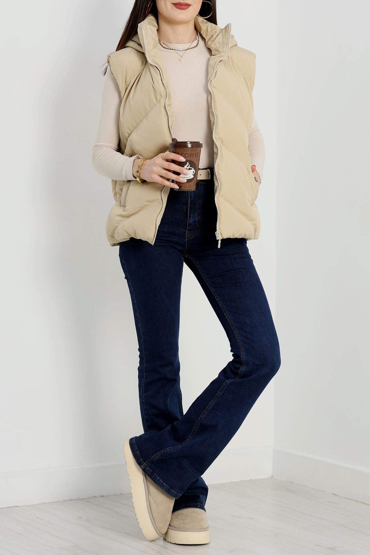 Kapşonlu Şişme Yelek Bej - 31379.308.