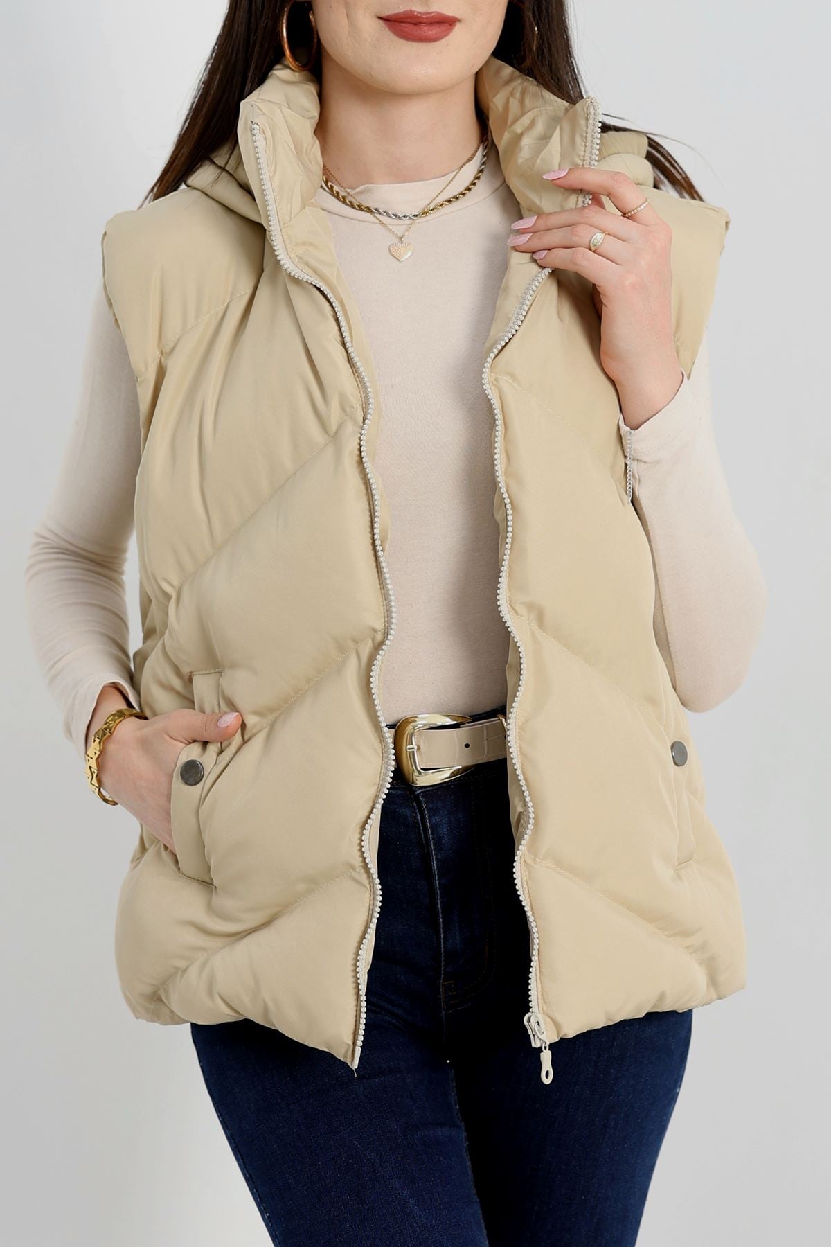 Kapşonlu Şişme Yelek Bej - 31379.308.