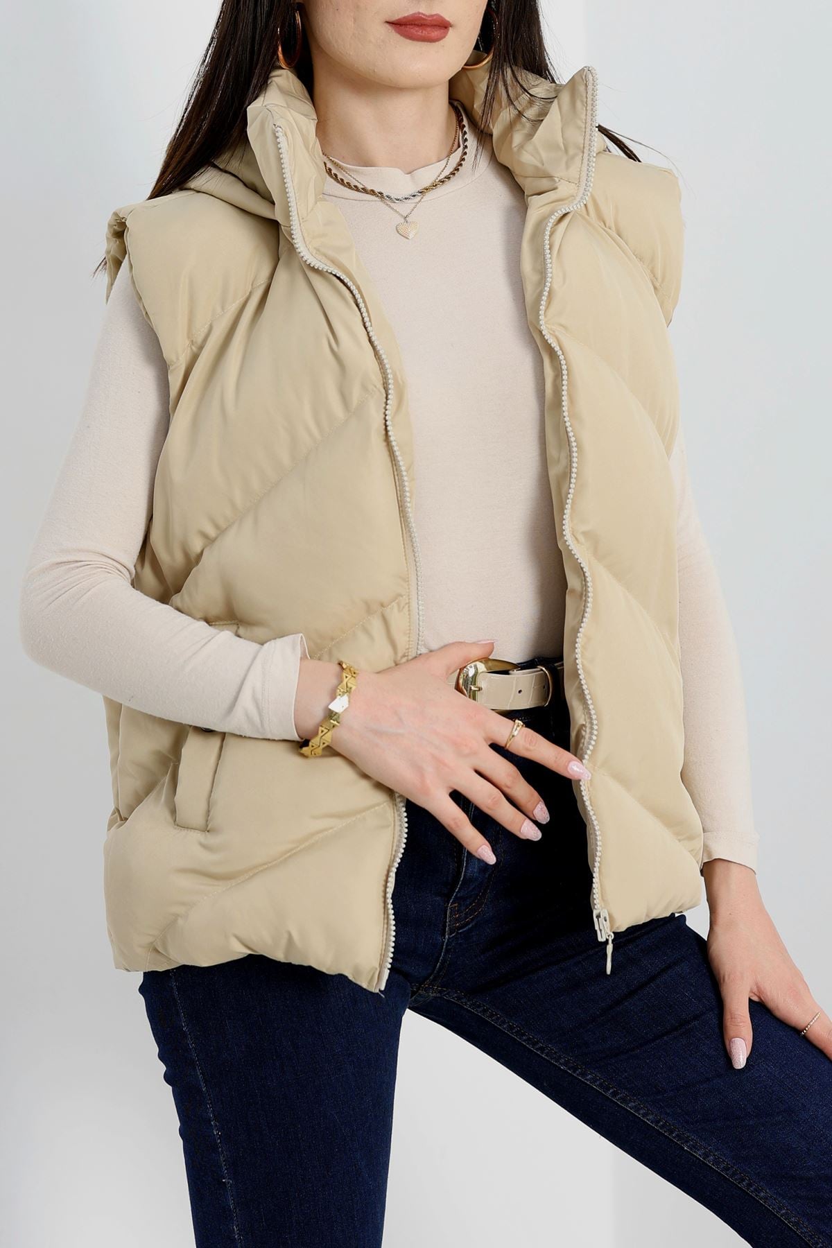 Kapşonlu Şişme Yelek Bej - 31379.308.