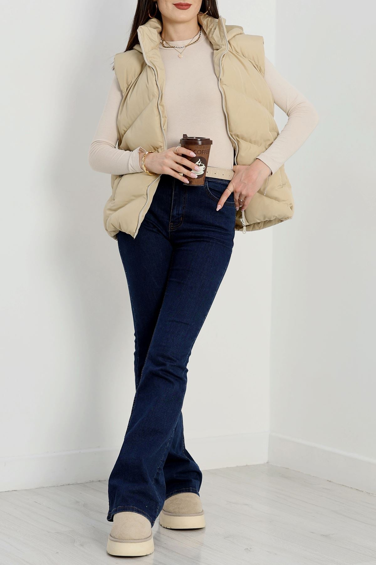 Kapşonlu Şişme Yelek Bej - 31379.308.