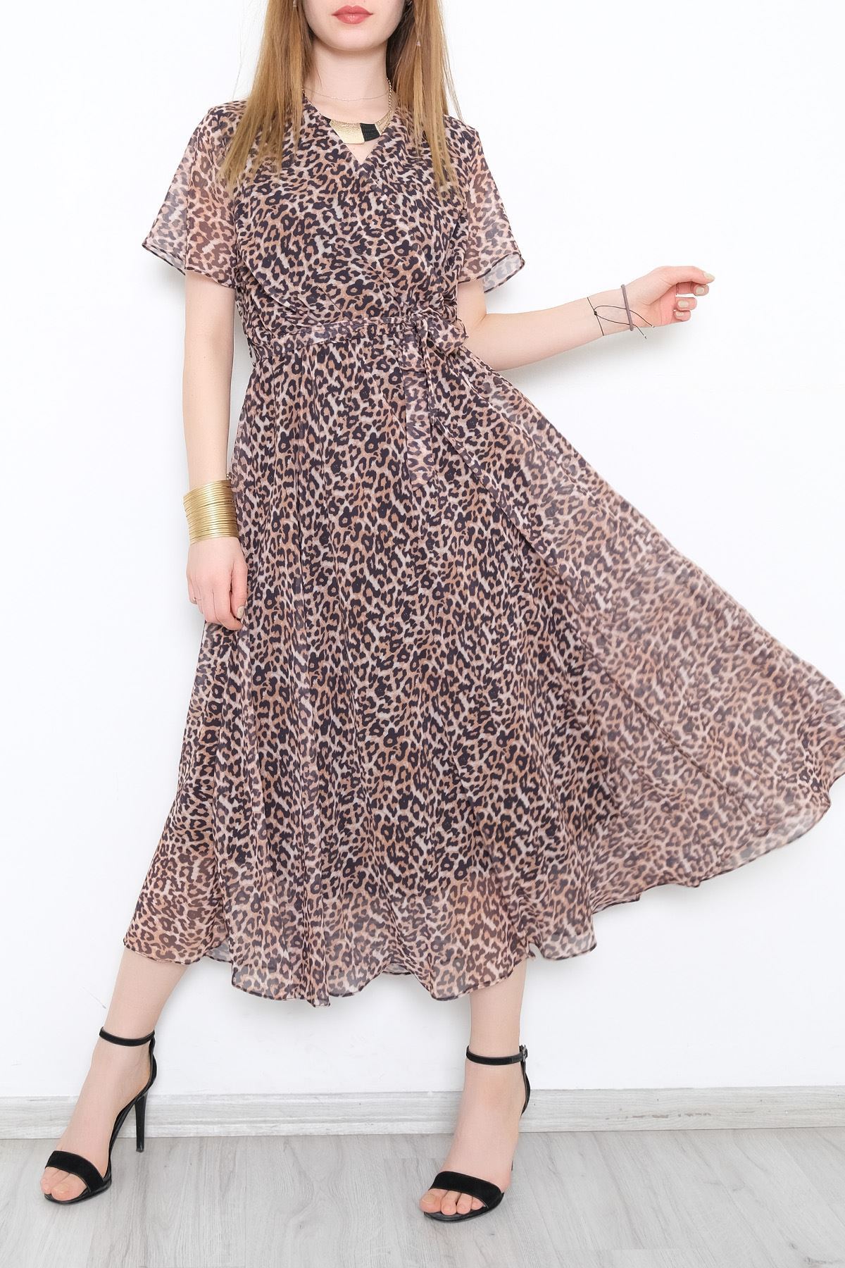 Kruvaze Şifon Elbise Leoparcamel - 5078.1322.