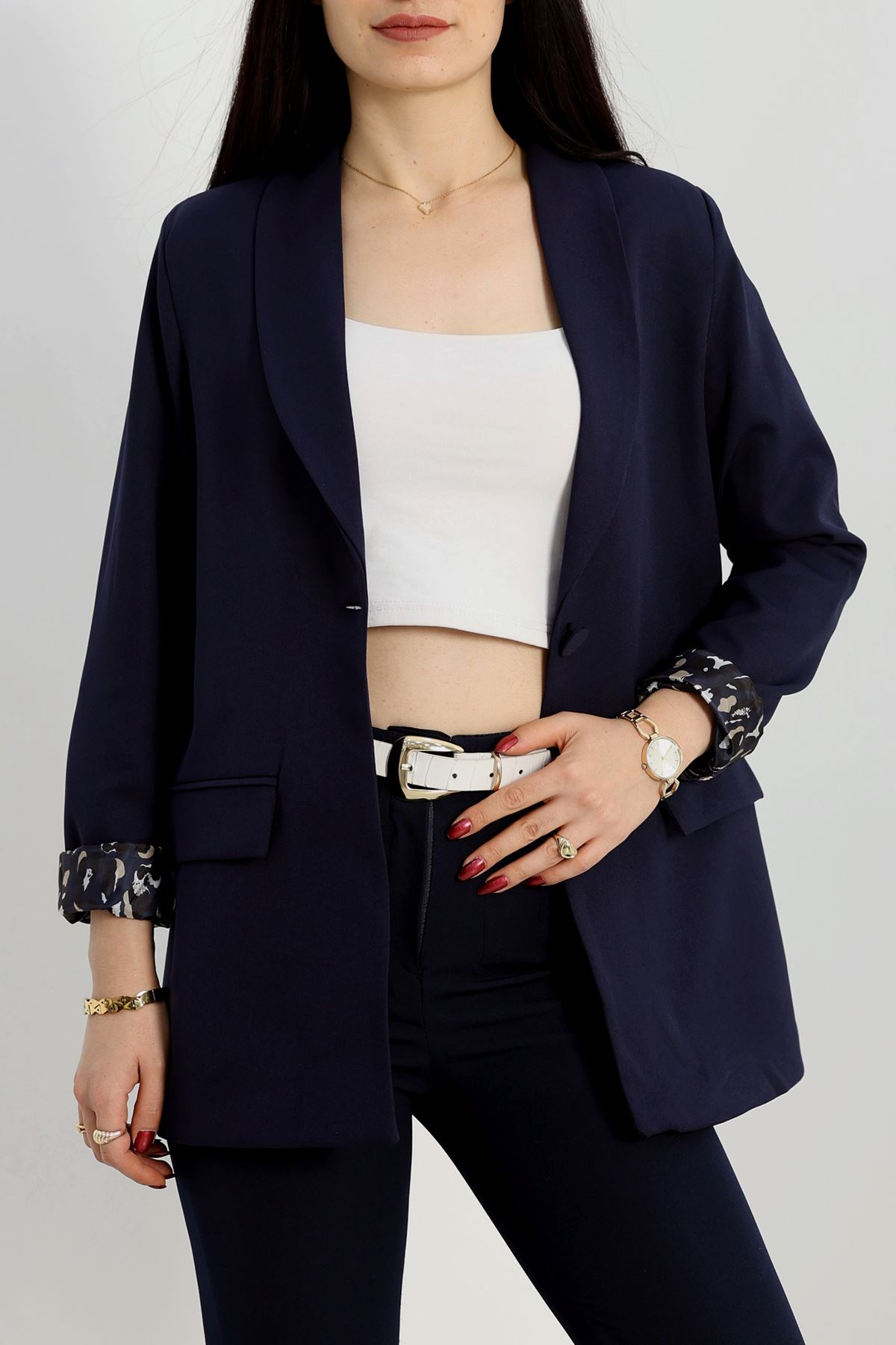 Leopar Astarlı Blazer Ceket Lacivert - 31340.1397.
