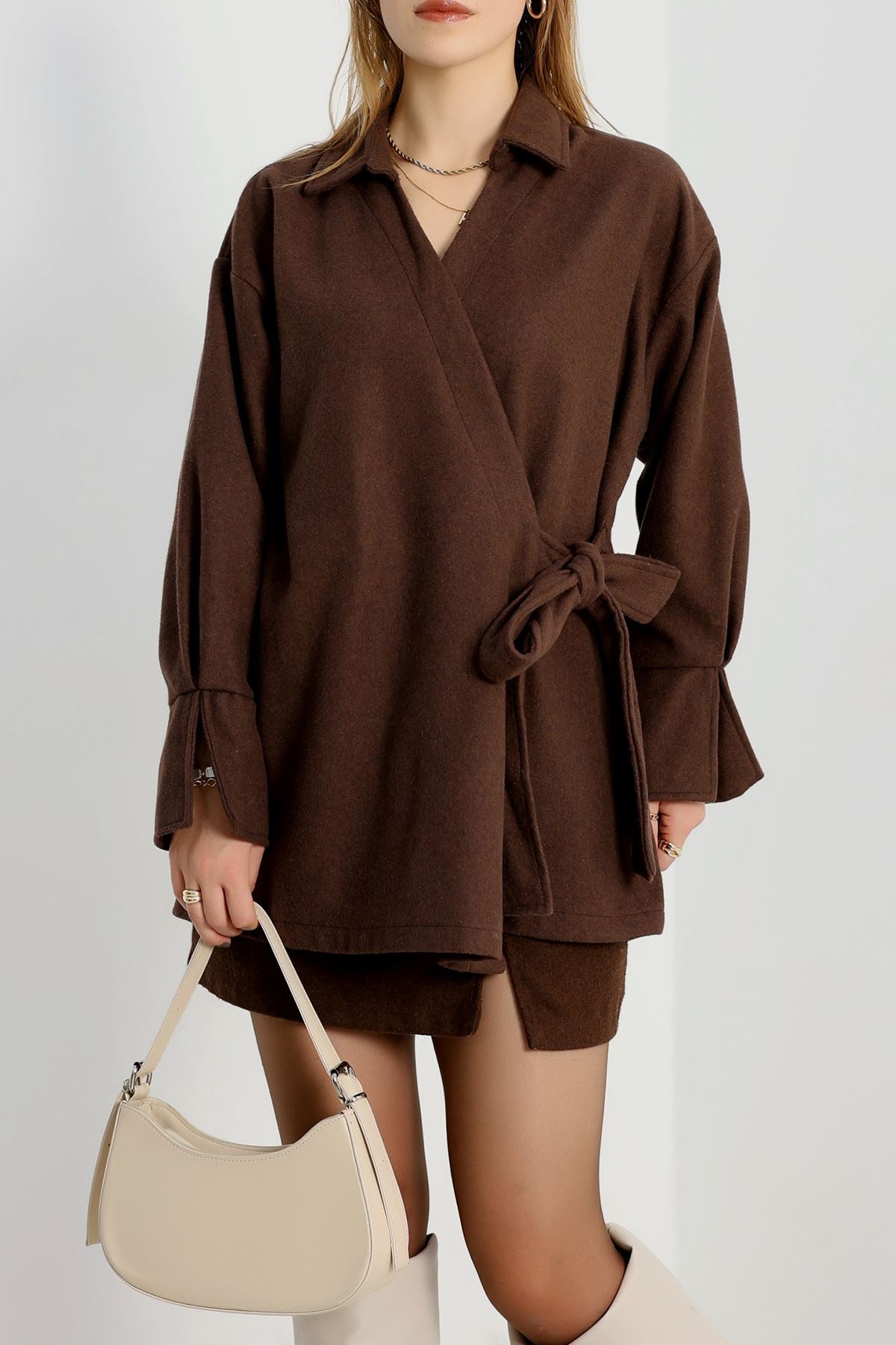 Bağlamalı Kruvaze Yaka Kaşe Ceket Acıkahve - 70993.1775.