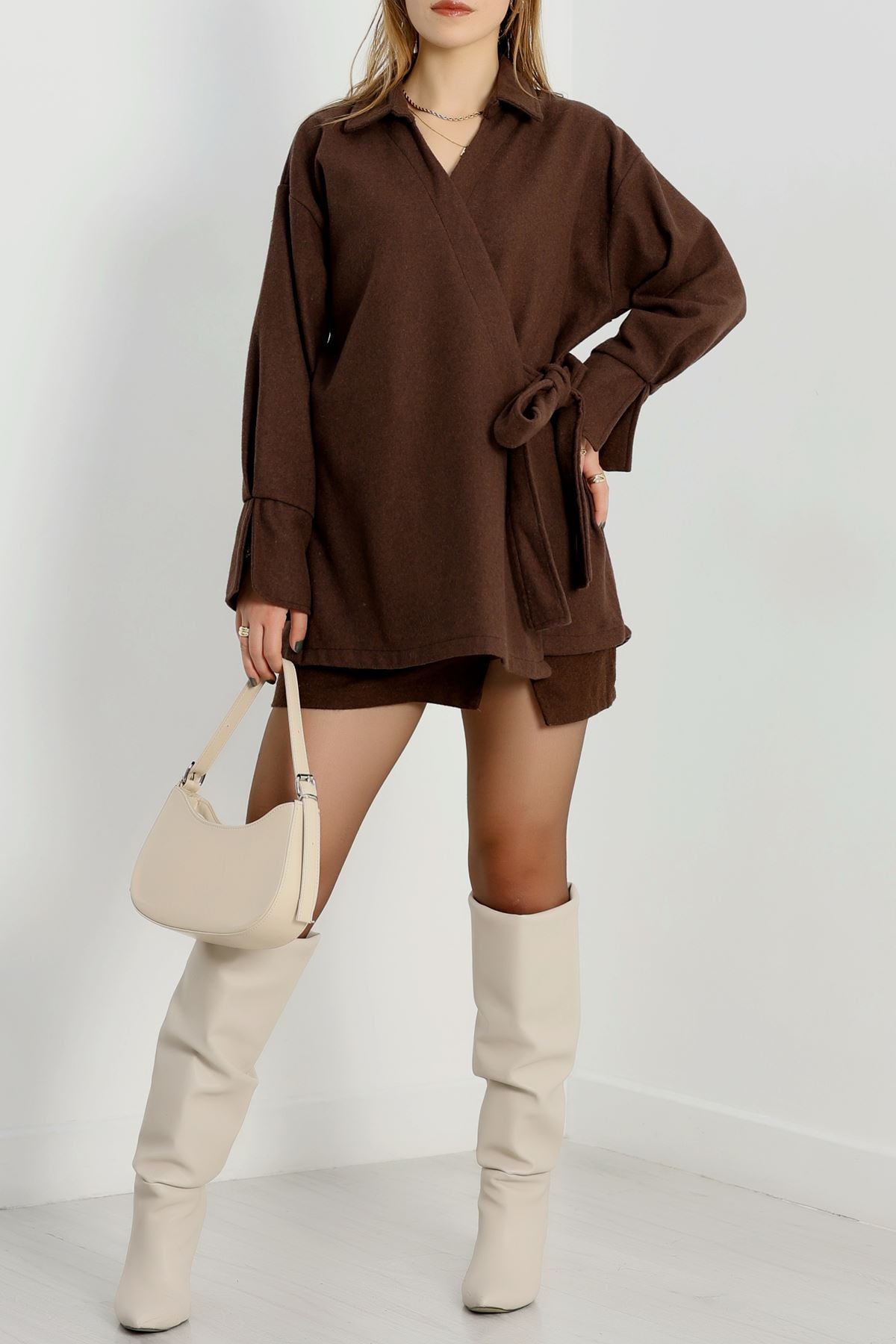 Bağlamalı Kruvaze Yaka Kaşe Ceket Acıkahve - 70993.1775.