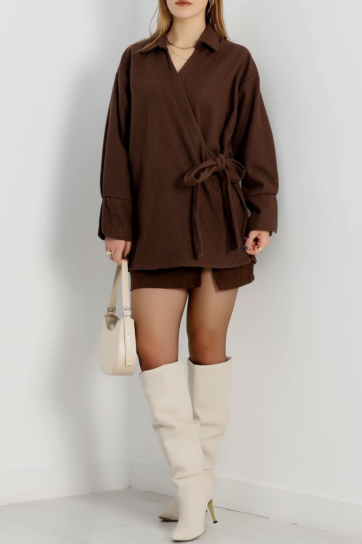 Bağlamalı Kruvaze Yaka Kaşe Ceket Acıkahve - 70993.1775.