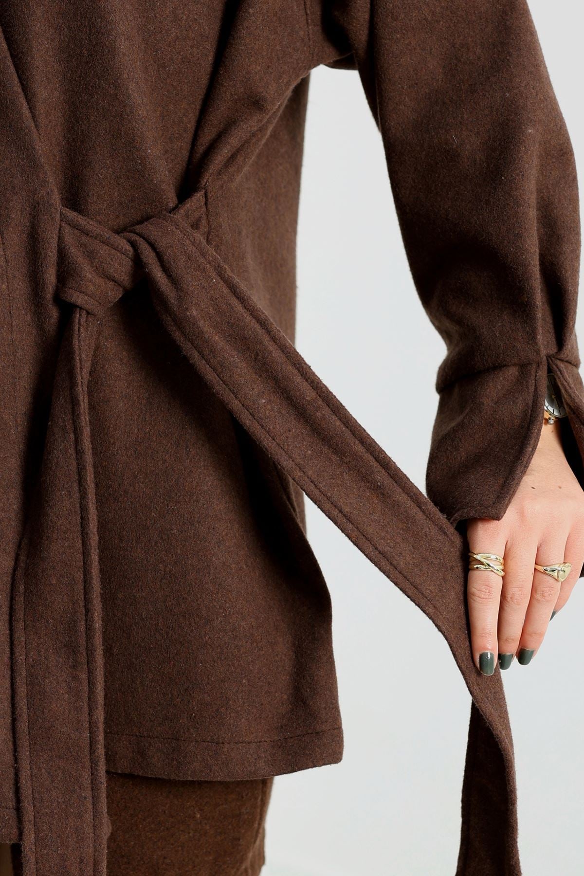 Bağlamalı Kruvaze Yaka Kaşe Ceket Acıkahve - 70993.1775.