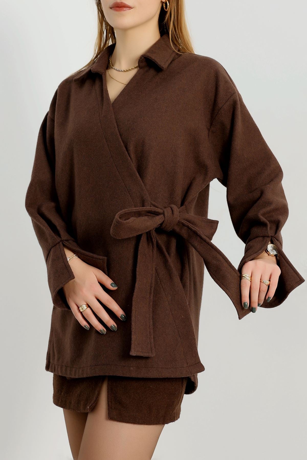 Bağlamalı Kruvaze Yaka Kaşe Ceket Acıkahve - 70993.1775.