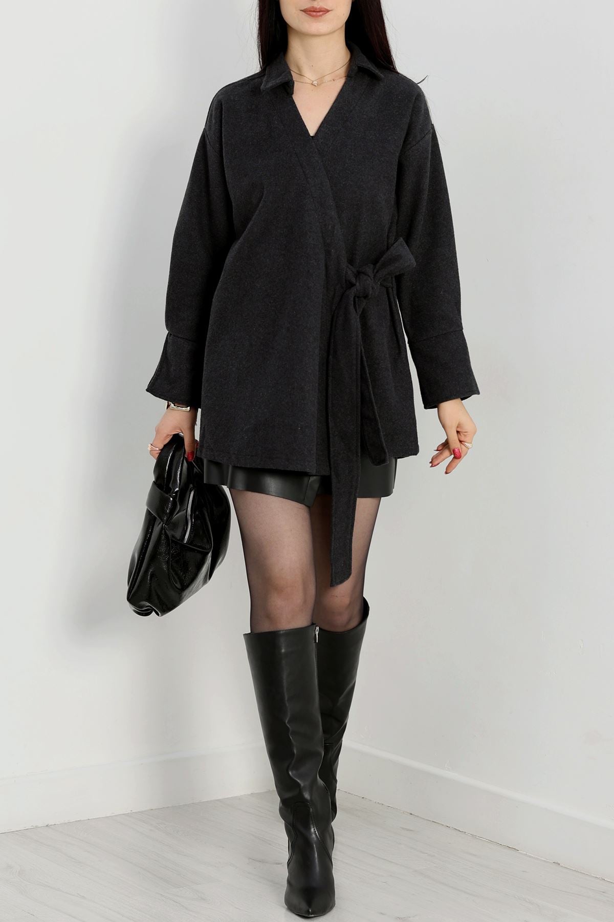 Bağlamalı Kruvaze Yaka Kaşe Ceket Füme - 70993.1775.