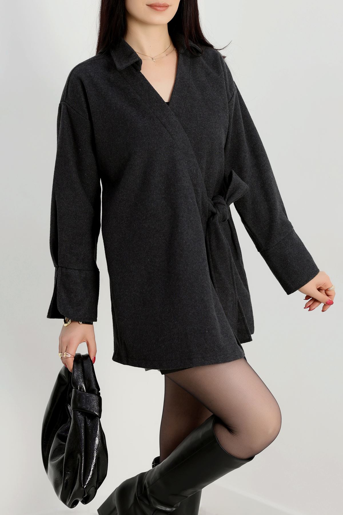 Bağlamalı Kruvaze Yaka Kaşe Ceket Füme - 70993.1775.